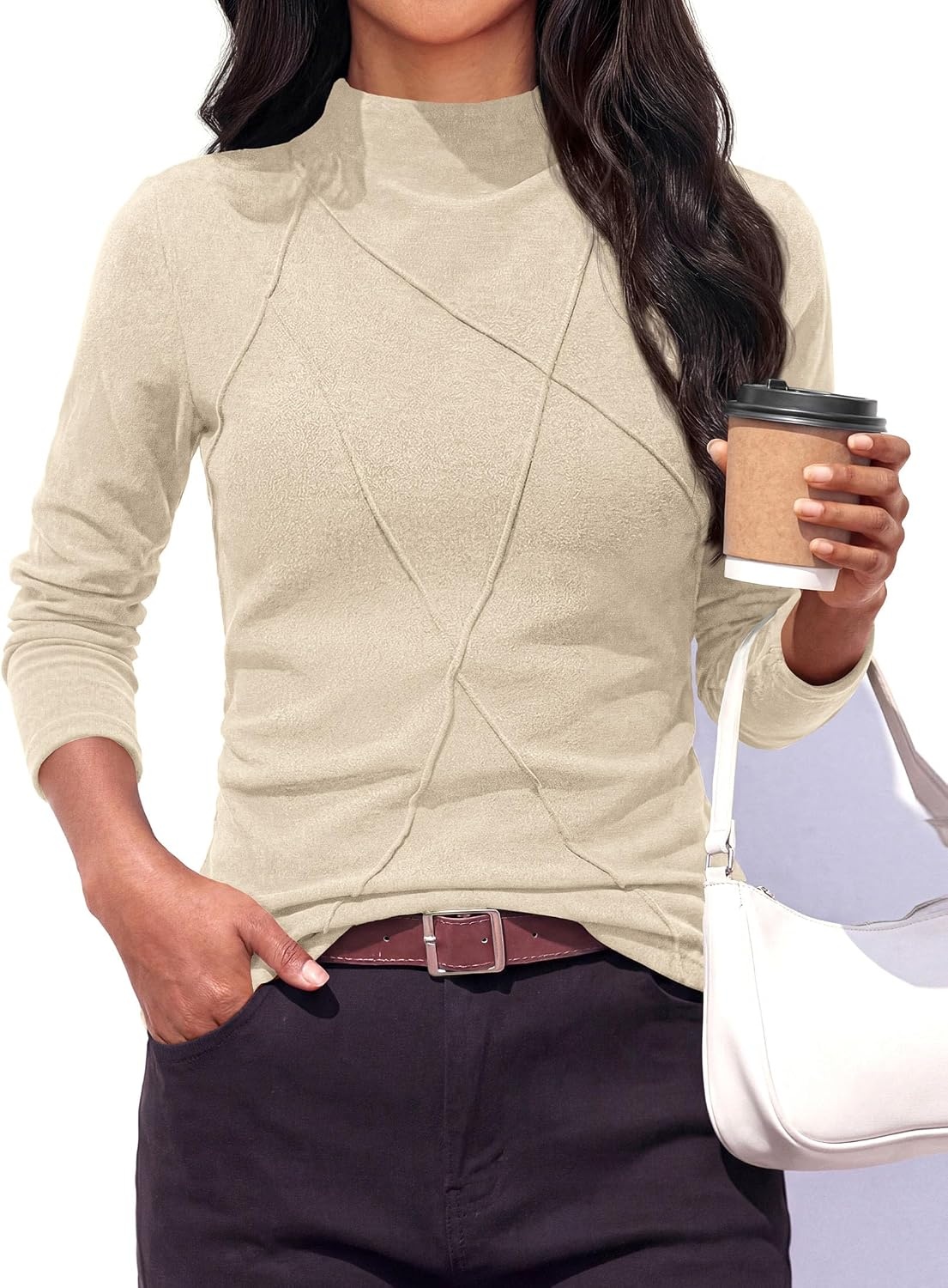 image:imagePRETTYGARDEN Womens Fall Mock Neck Long Sleeve Shirts Soft Stretchy KnitGeometric Seam StitchingSlim Fitted Basic TeesThermal Casual WearDaily Work Layering Winter Tunic TopBeige