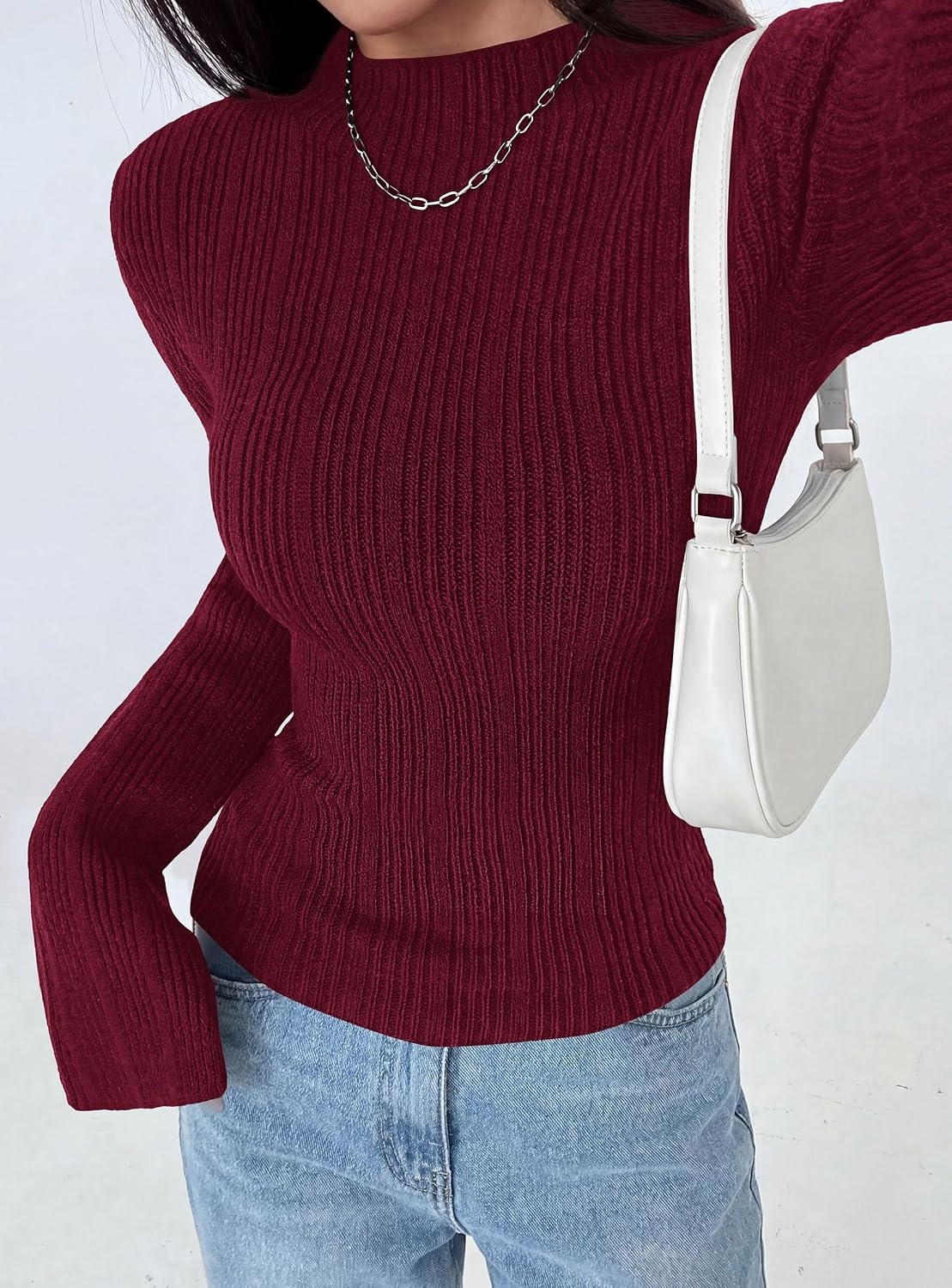 image:imagePRETTYGARDEN Womens Lightweight Mock Neck Sweaters Bell Long Sleeve Tops Slim Fitted Pullover Soft Ribbed Knit Going Out Outfits Fall Winter Layering Fashion ClothingBurgundy