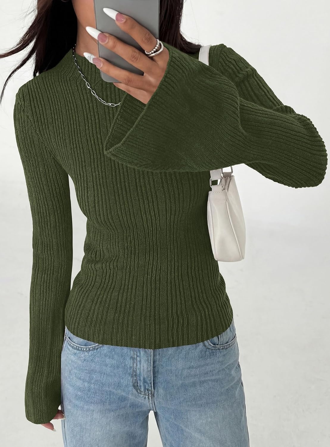 image:imagePRETTYGARDEN Womens Lightweight Mock Neck Sweaters Bell Long Sleeve Tops Slim Fitted Pullover Soft Ribbed Knit Going Out Outfits Fall Winter Layering Fashion ClothingArmy Green