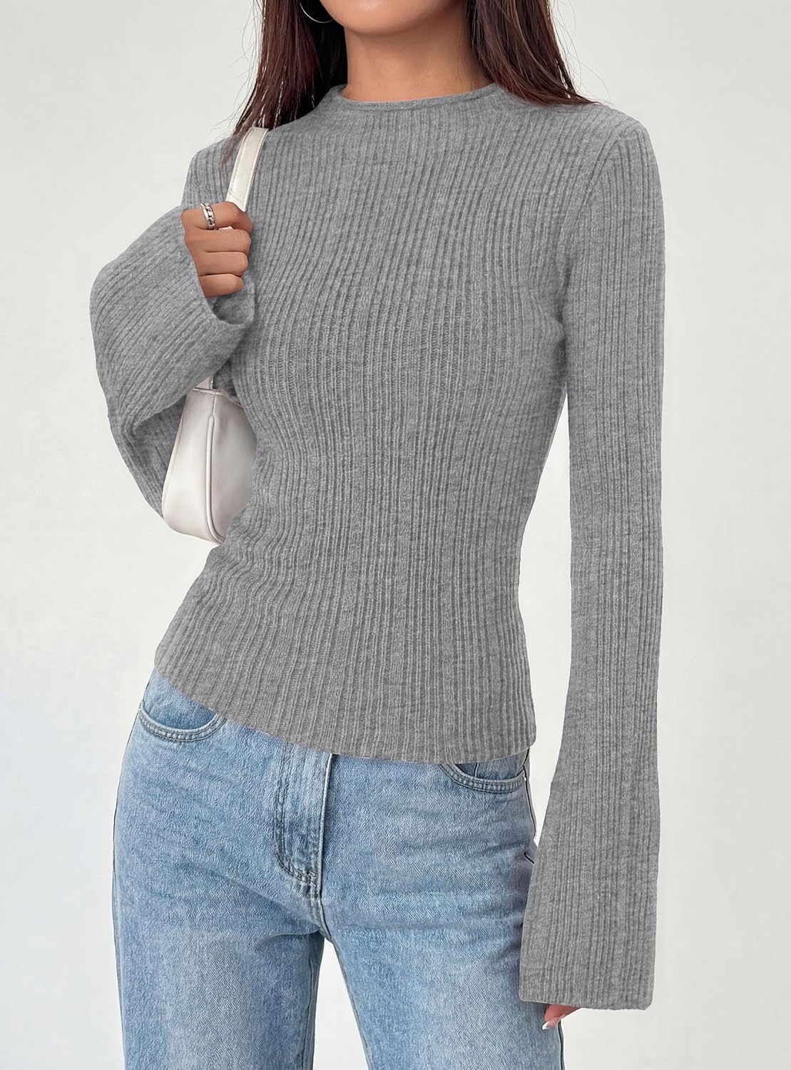 image:imagePRETTYGARDEN Womens Lightweight Mock Neck Sweaters Bell Long Sleeve Tops Slim Fitted Pullover Soft Ribbed Knit Going Out Outfits Fall Winter Layering Fashion ClothingGrey