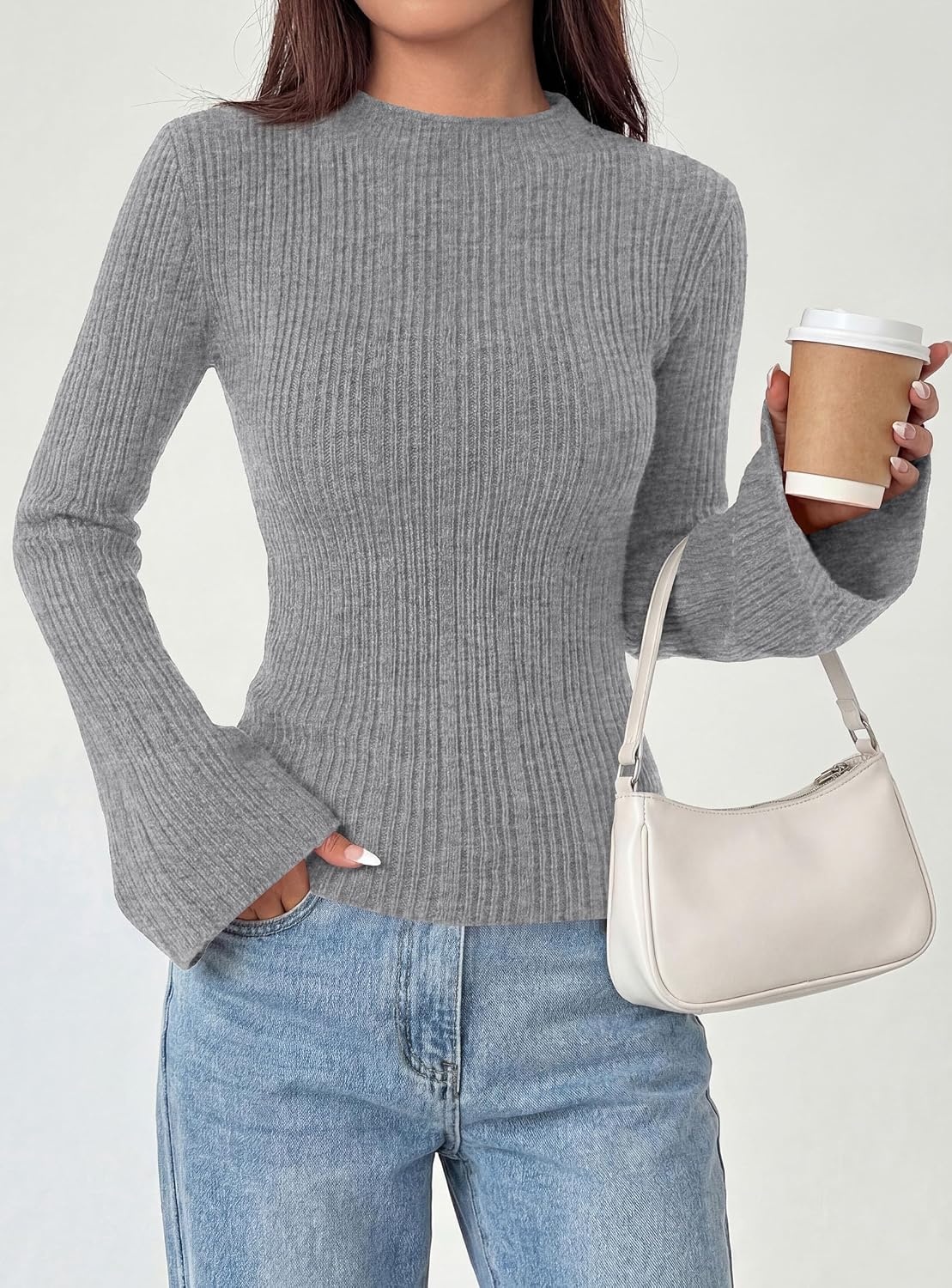 image:imagePRETTYGARDEN Womens Lightweight Mock Neck Sweaters Bell Long Sleeve Tops Slim Fitted Pullover Soft Ribbed Knit Going Out Outfits Fall Winter Layering Fashion ClothingGrey