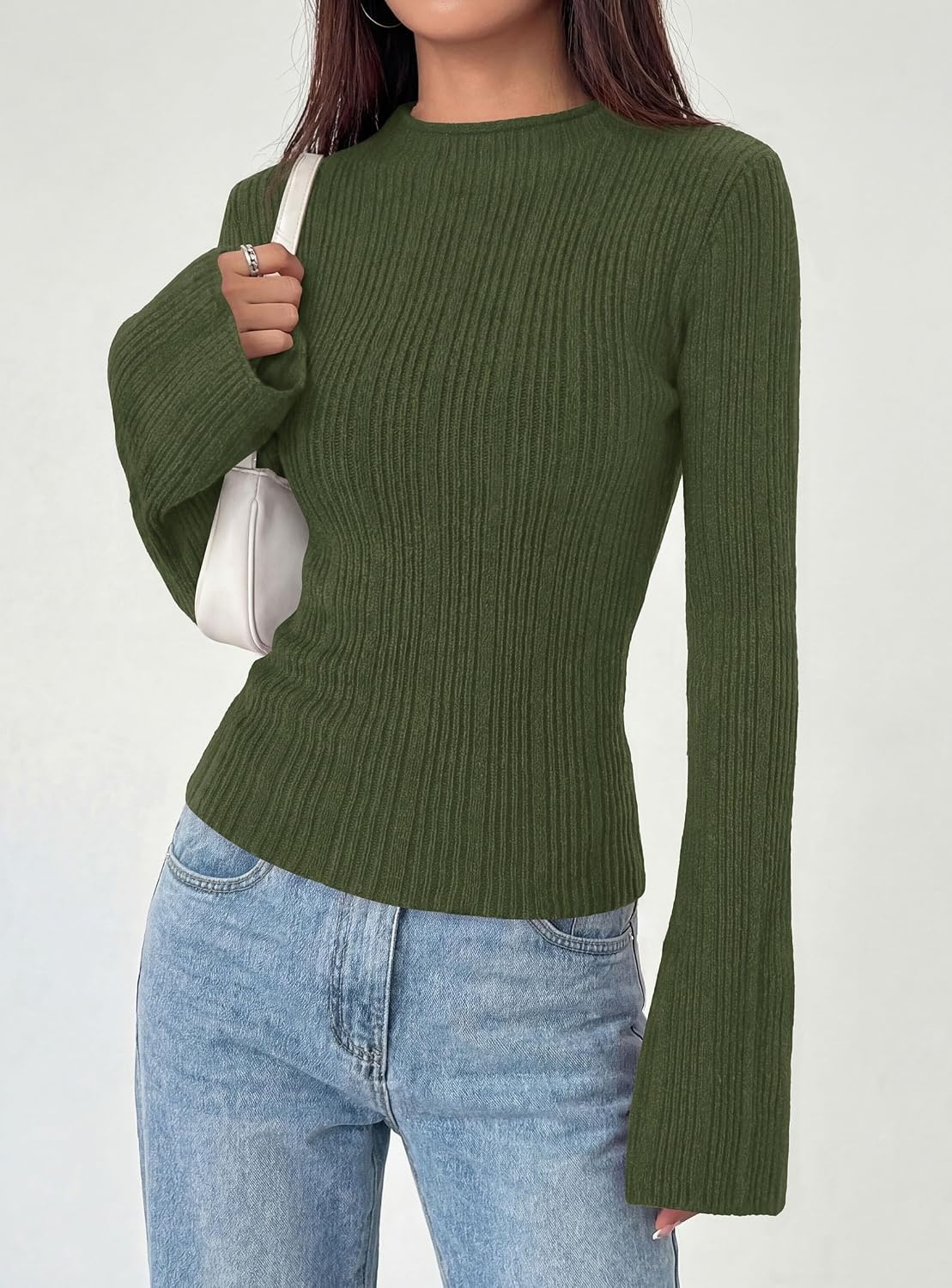 image:imagePRETTYGARDEN Womens Lightweight Mock Neck Sweaters Bell Long Sleeve Tops Slim Fitted Pullover Soft Ribbed Knit Going Out Outfits Fall Winter Layering Fashion ClothingArmy Green