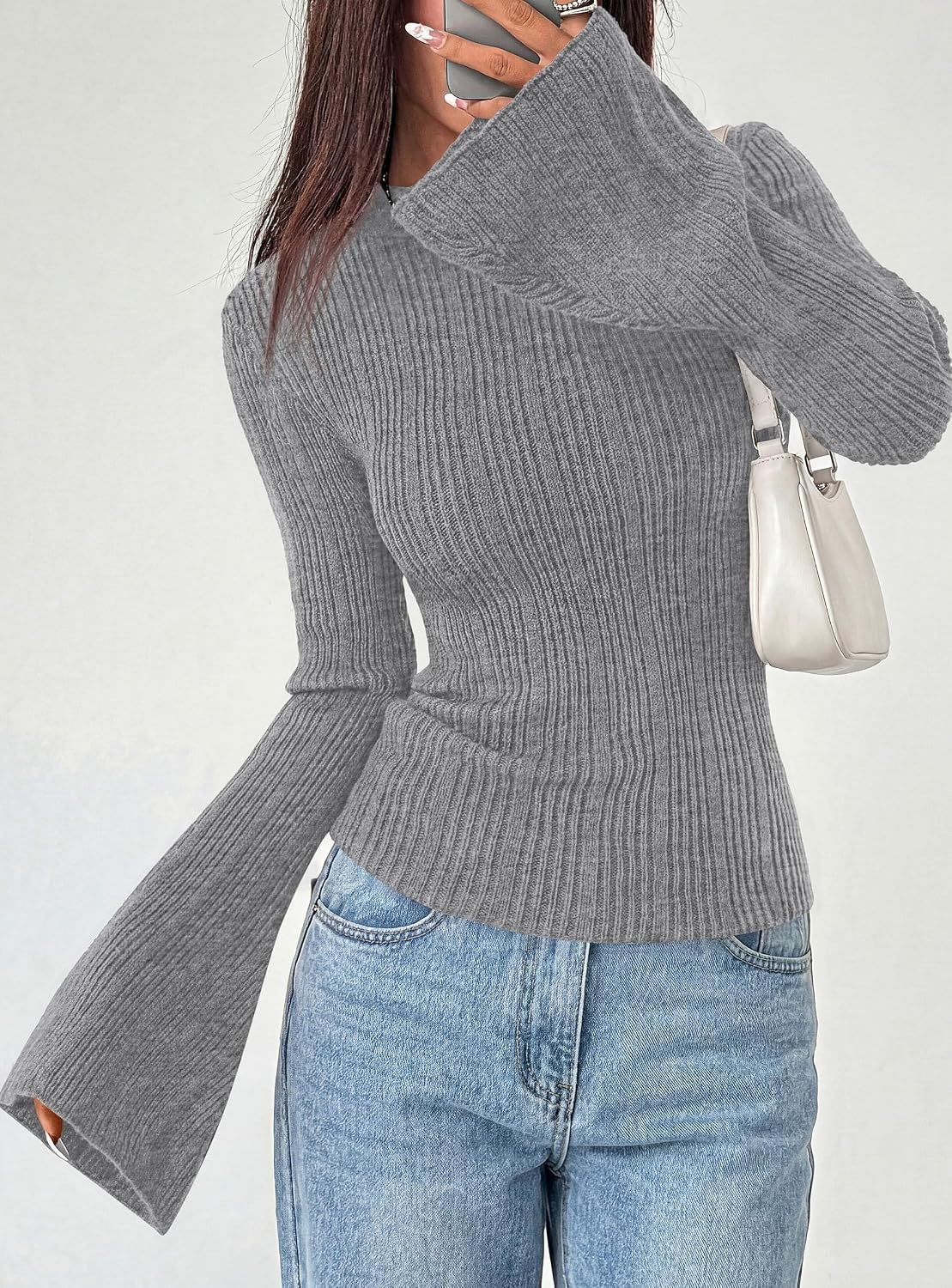 image:imagePRETTYGARDEN Womens Lightweight Mock Neck Sweaters Bell Long Sleeve Tops Slim Fitted Pullover Soft Ribbed Knit Going Out Outfits Fall Winter Layering Fashion ClothingGrey