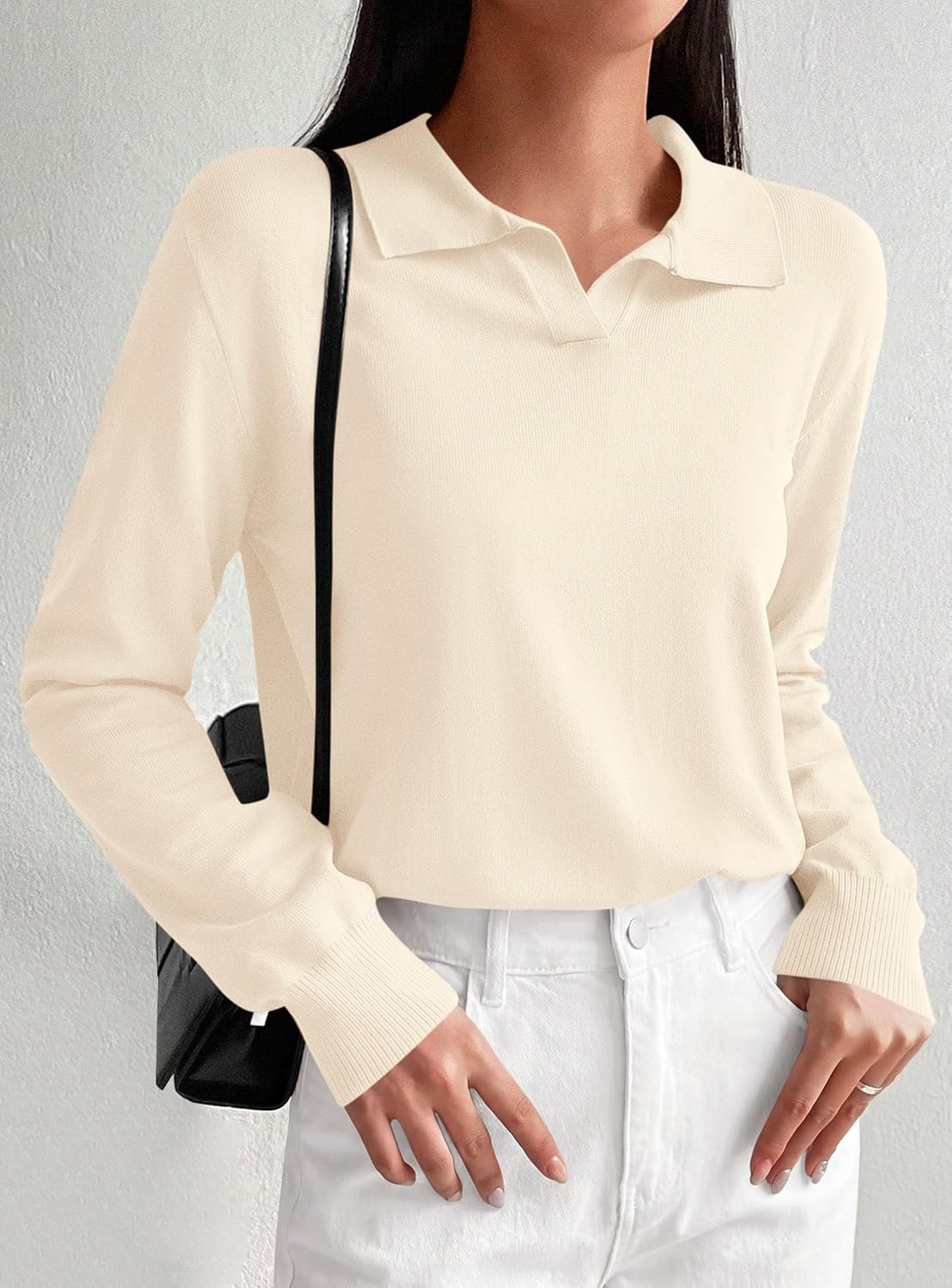 image:imagePRETTYGARDEN Womens Long Sleeve Collared Polo Sweater V Neck Knit Ribbed Business Casual Pullover Sweaters 2026 Fall OutfitsApricot