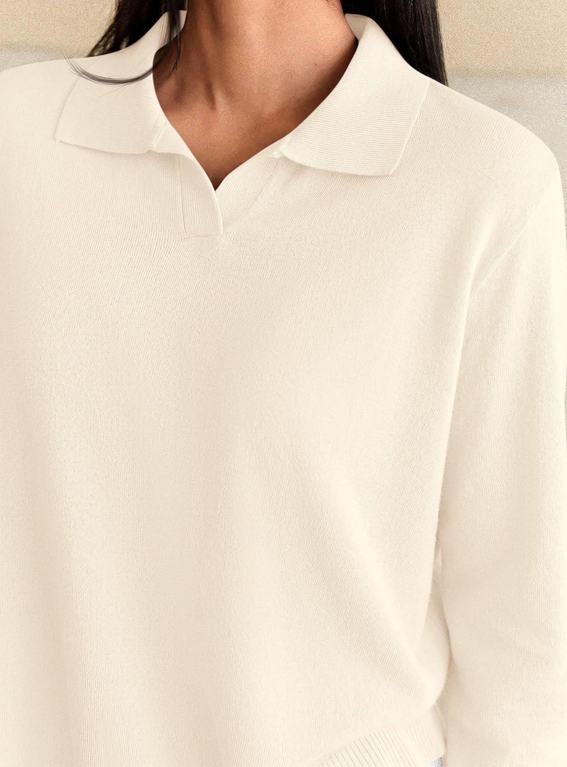 image:imagePRETTYGARDEN Womens Long Sleeve Collared Polo Sweater V Neck Knit Ribbed Business Casual Pullover Sweaters 2026 Fall OutfitsApricot