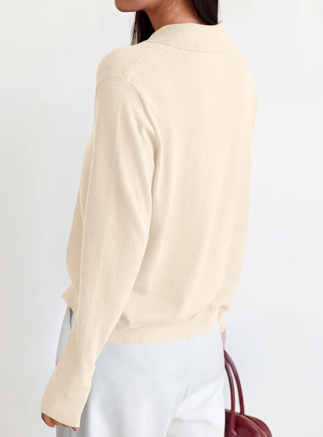 image:imagePRETTYGARDEN Womens Long Sleeve Collared Polo Sweater V Neck Knit Ribbed Business Casual Pullover Sweaters 2026 Fall OutfitsApricot