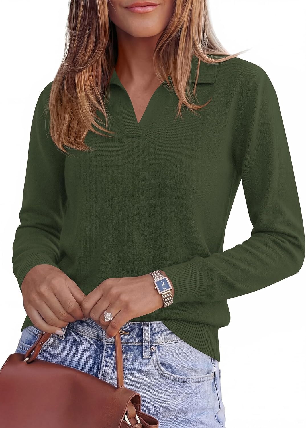 image:imagePRETTYGARDEN Womens Long Sleeve Collared Polo Sweater V Neck Knit Ribbed Business Casual Pullover Sweaters 2026 Fall OutfitsArmy Green
