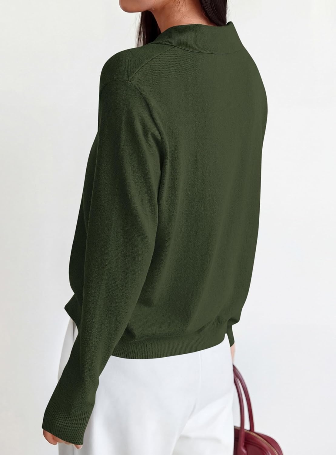 image:imagePRETTYGARDEN Womens Long Sleeve Collared Polo Sweater V Neck Knit Ribbed Business Casual Pullover Sweaters 2026 Fall OutfitsArmy Green