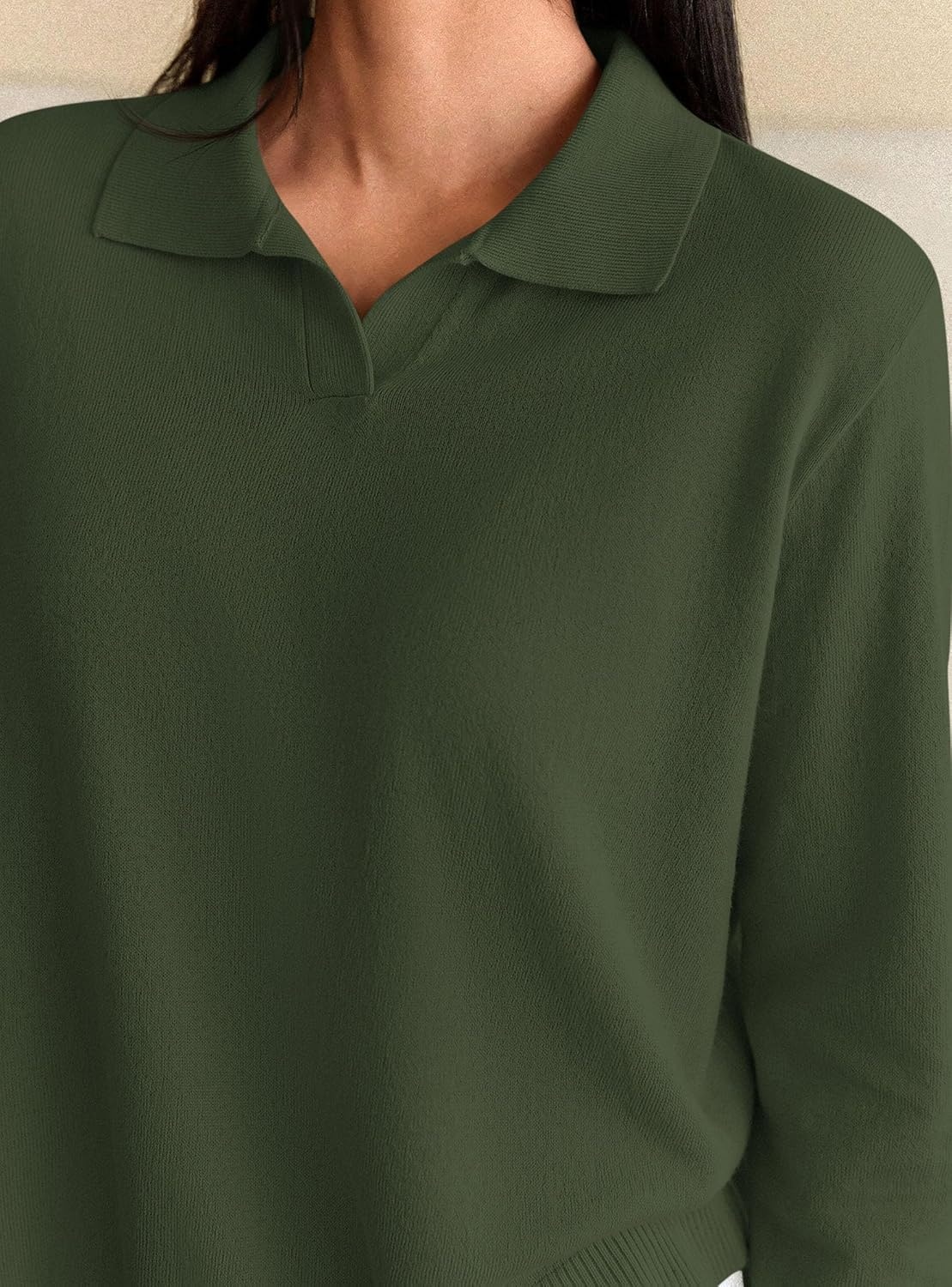 image:imagePRETTYGARDEN Womens Long Sleeve Collared Polo Sweater V Neck Knit Ribbed Business Casual Pullover Sweaters 2026 Fall OutfitsArmy Green