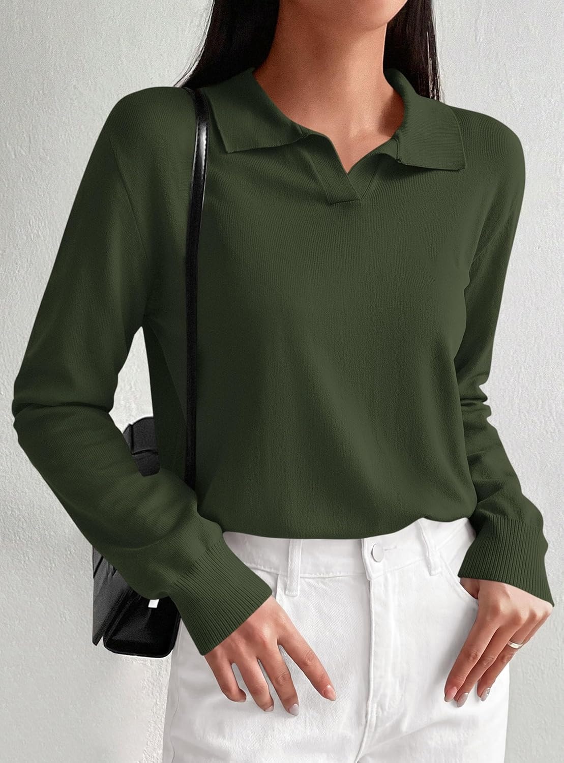 image:imagePRETTYGARDEN Womens Long Sleeve Collared Polo Sweater V Neck Knit Ribbed Business Casual Pullover Sweaters 2026 Fall OutfitsArmy Green
