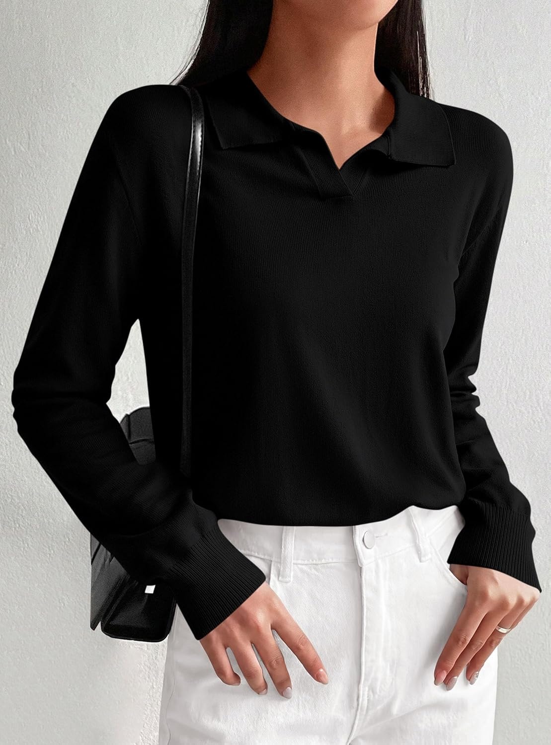 image:imagePRETTYGARDEN Womens Long Sleeve Collared Polo Sweater V Neck Knit Ribbed Business Casual Pullover Sweaters 2026 Fall OutfitsBlack