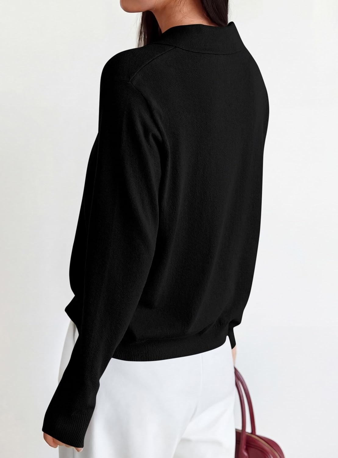 image:imagePRETTYGARDEN Womens Long Sleeve Collared Polo Sweater V Neck Knit Ribbed Business Casual Pullover Sweaters 2026 Fall OutfitsBlack