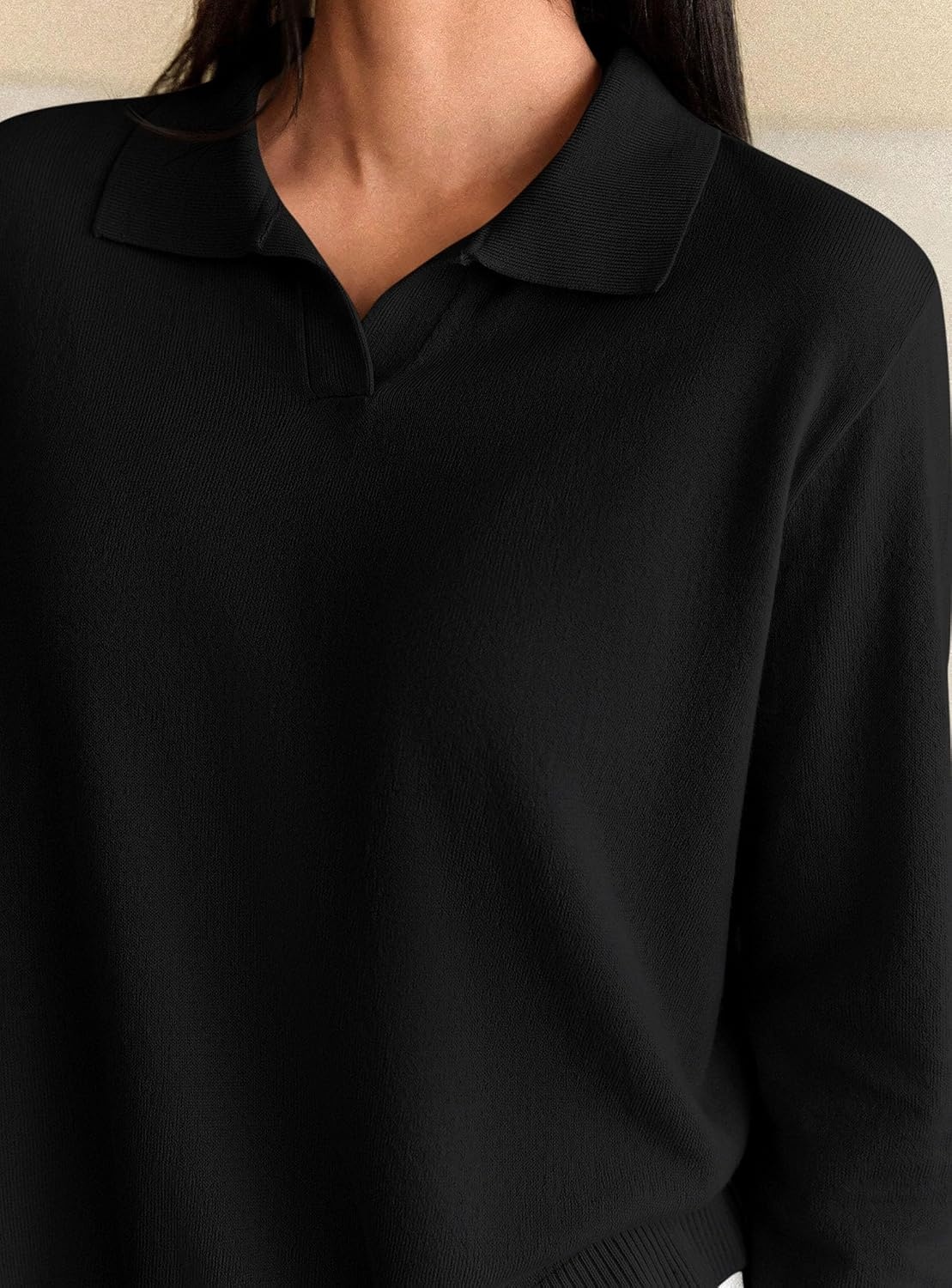 image:imagePRETTYGARDEN Womens Long Sleeve Collared Polo Sweater V Neck Knit Ribbed Business Casual Pullover Sweaters 2026 Fall OutfitsBlack