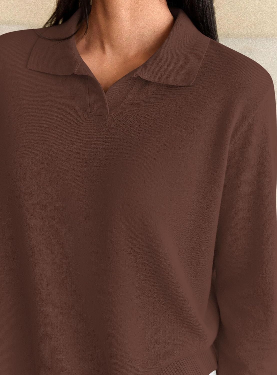 image:imagePRETTYGARDEN Womens Long Sleeve Collared Polo Sweater V Neck Knit Ribbed Business Casual Pullover Sweaters 2026 Fall OutfitsBrown