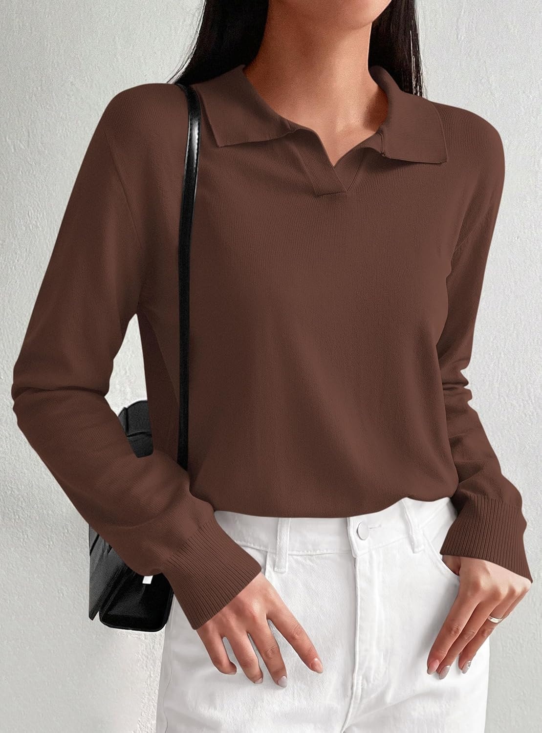 image:imagePRETTYGARDEN Womens Long Sleeve Collared Polo Sweater V Neck Knit Ribbed Business Casual Pullover Sweaters 2026 Fall OutfitsBrown