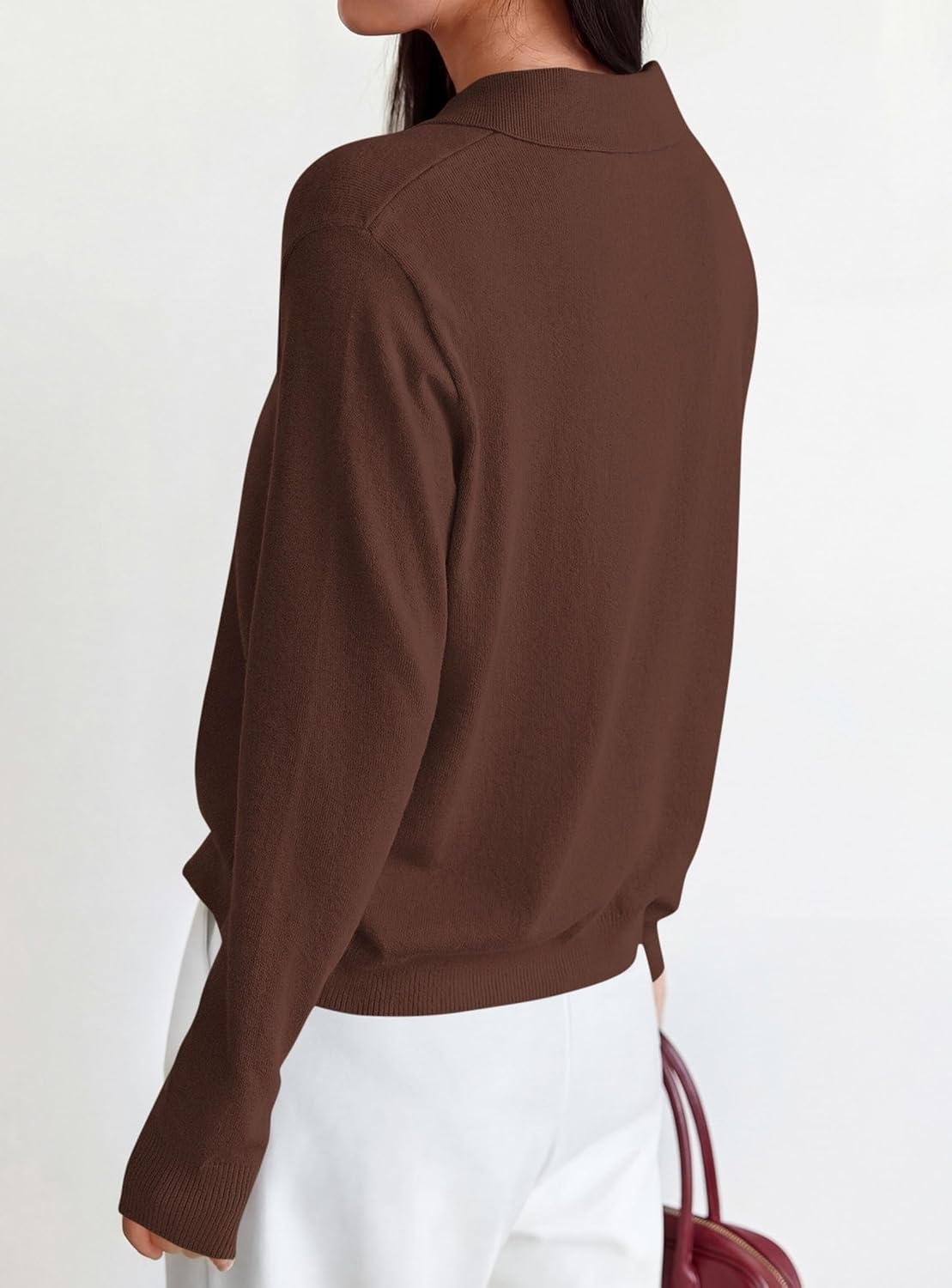 image:imagePRETTYGARDEN Womens Long Sleeve Collared Polo Sweater V Neck Knit Ribbed Business Casual Pullover Sweaters 2026 Fall OutfitsBrown