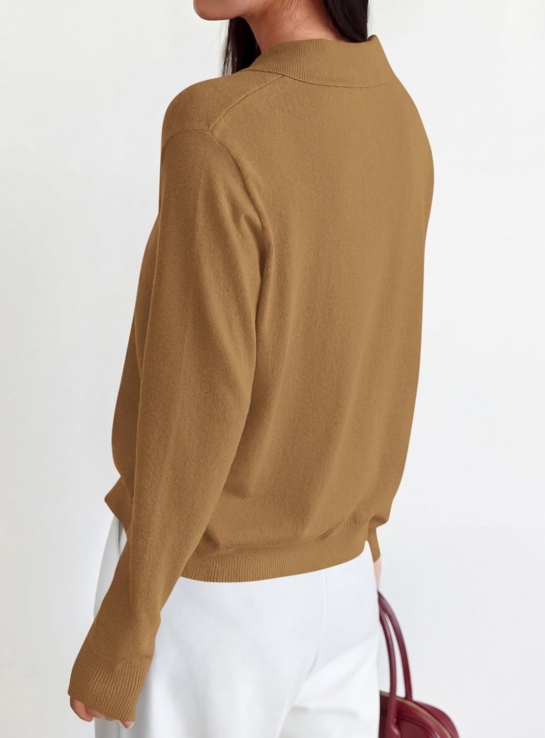 image:imagePRETTYGARDEN Womens Long Sleeve Collared Polo Sweater V Neck Knit Ribbed Business Casual Pullover Sweaters 2026 Fall OutfitsKhaki