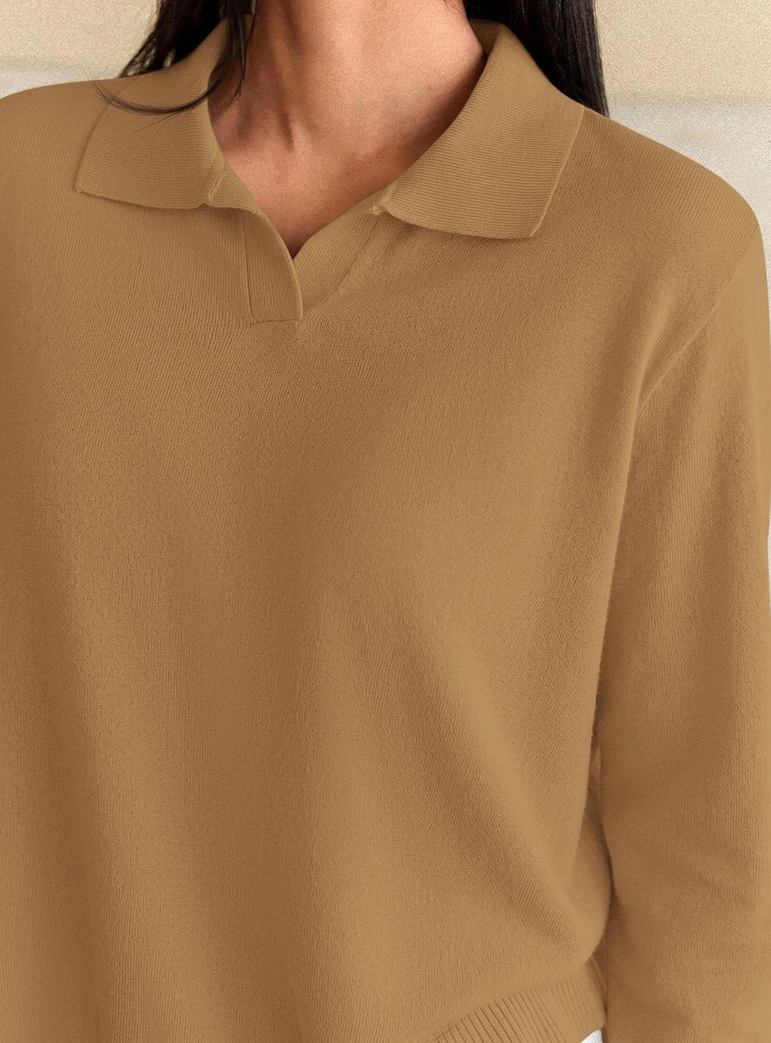 image:imagePRETTYGARDEN Womens Long Sleeve Collared Polo Sweater V Neck Knit Ribbed Business Casual Pullover Sweaters 2026 Fall OutfitsKhaki