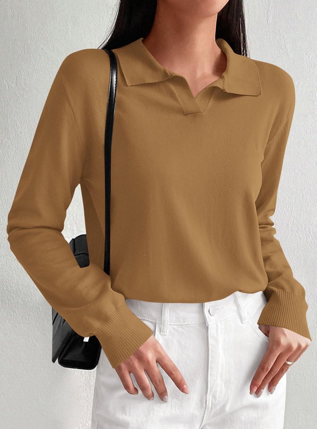 image:imagePRETTYGARDEN Womens Long Sleeve Collared Polo Sweater V Neck Knit Ribbed Business Casual Pullover Sweaters 2026 Fall OutfitsKhaki
