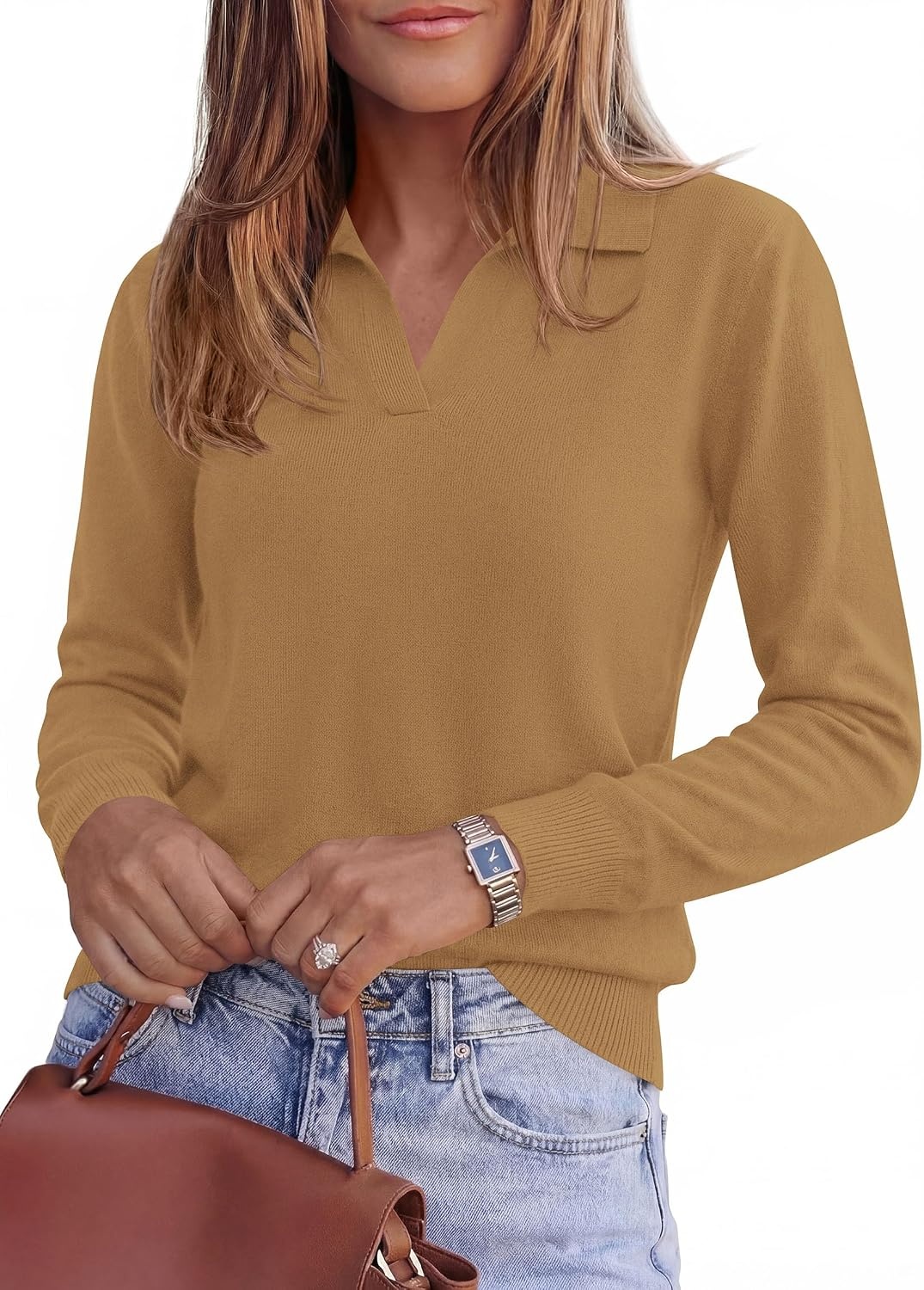 image:imagePRETTYGARDEN Womens Long Sleeve Collared Polo Sweater V Neck Knit Ribbed Business Casual Pullover Sweaters 2026 Fall OutfitsKhaki