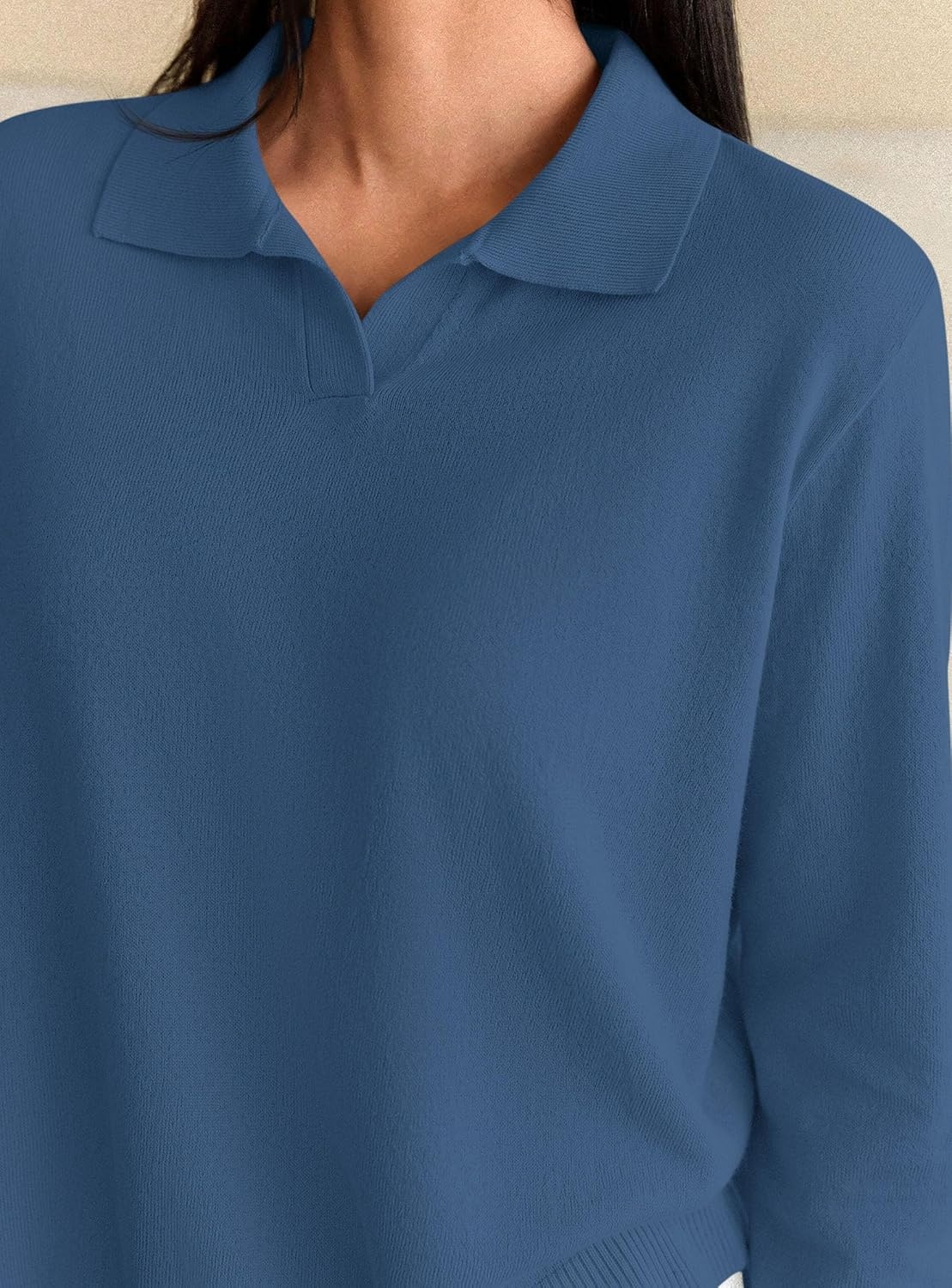 image:imagePRETTYGARDEN Womens Long Sleeve Collared Polo Sweater V Neck Knit Ribbed Business Casual Pullover Sweaters 2026 Fall OutfitsNavy Blue