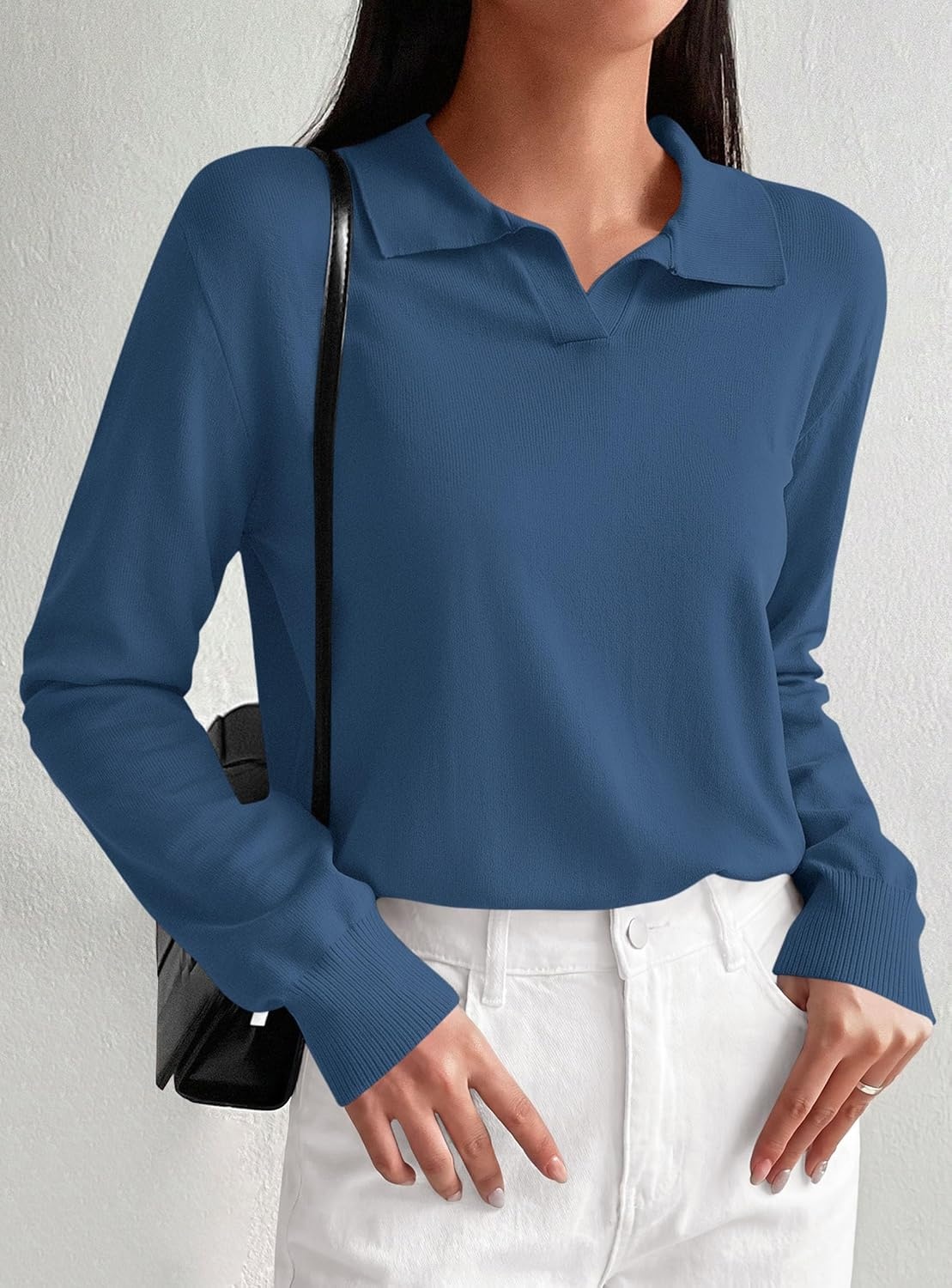 image:imagePRETTYGARDEN Womens Long Sleeve Collared Polo Sweater V Neck Knit Ribbed Business Casual Pullover Sweaters 2026 Fall OutfitsNavy Blue