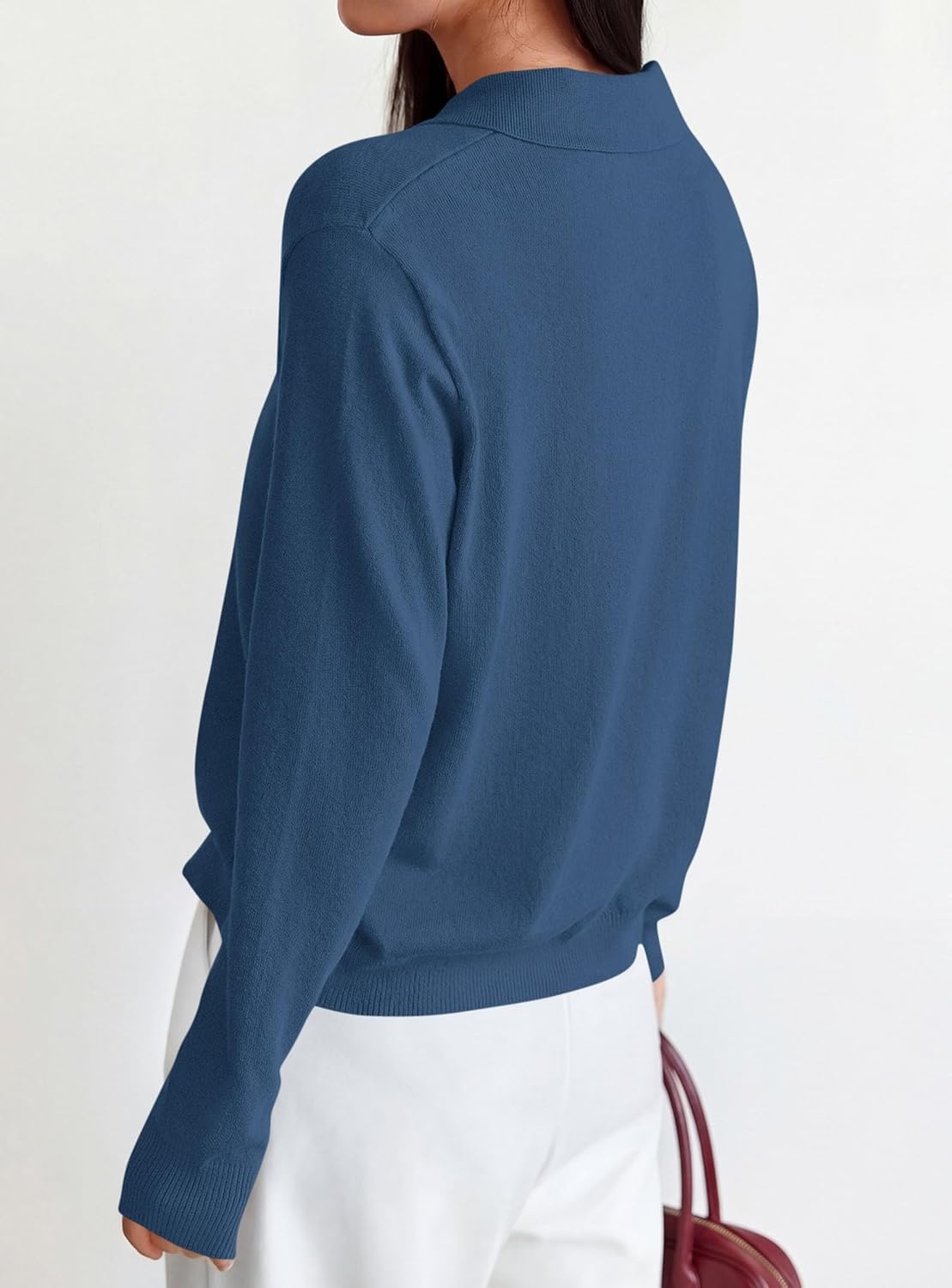 image:imagePRETTYGARDEN Womens Long Sleeve Collared Polo Sweater V Neck Knit Ribbed Business Casual Pullover Sweaters 2026 Fall OutfitsNavy Blue