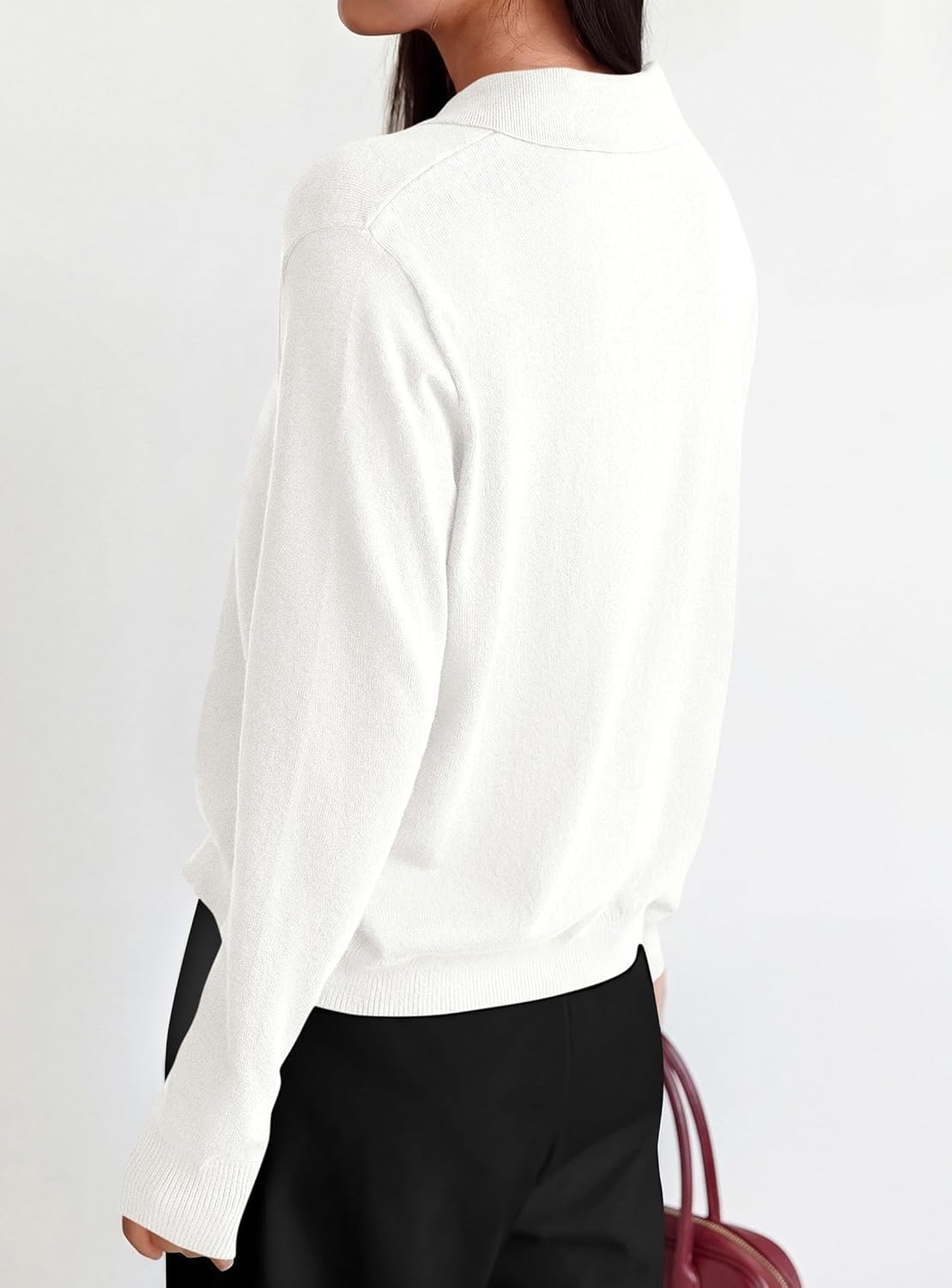 image:imagePRETTYGARDEN Womens Long Sleeve Collared Polo Sweater V Neck Knit Ribbed Business Casual Pullover Sweaters 2026 Fall OutfitsWhite