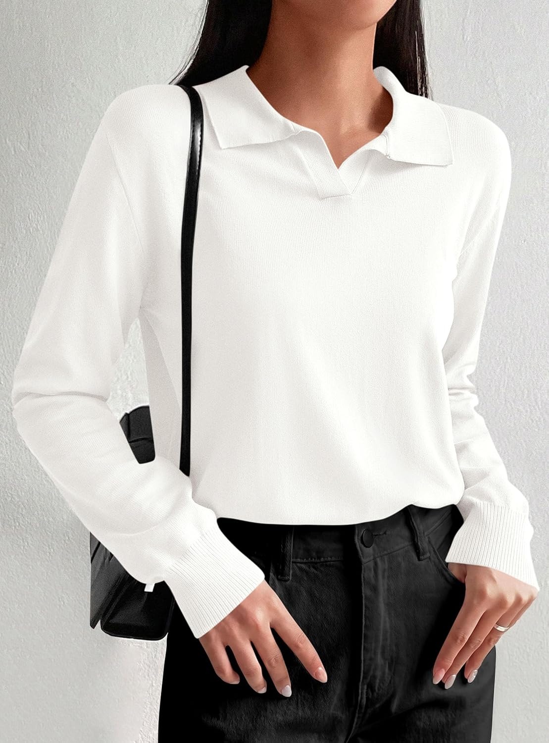 image:imagePRETTYGARDEN Womens Long Sleeve Collared Polo Sweater V Neck Knit Ribbed Business Casual Pullover Sweaters 2026 Fall OutfitsWhite