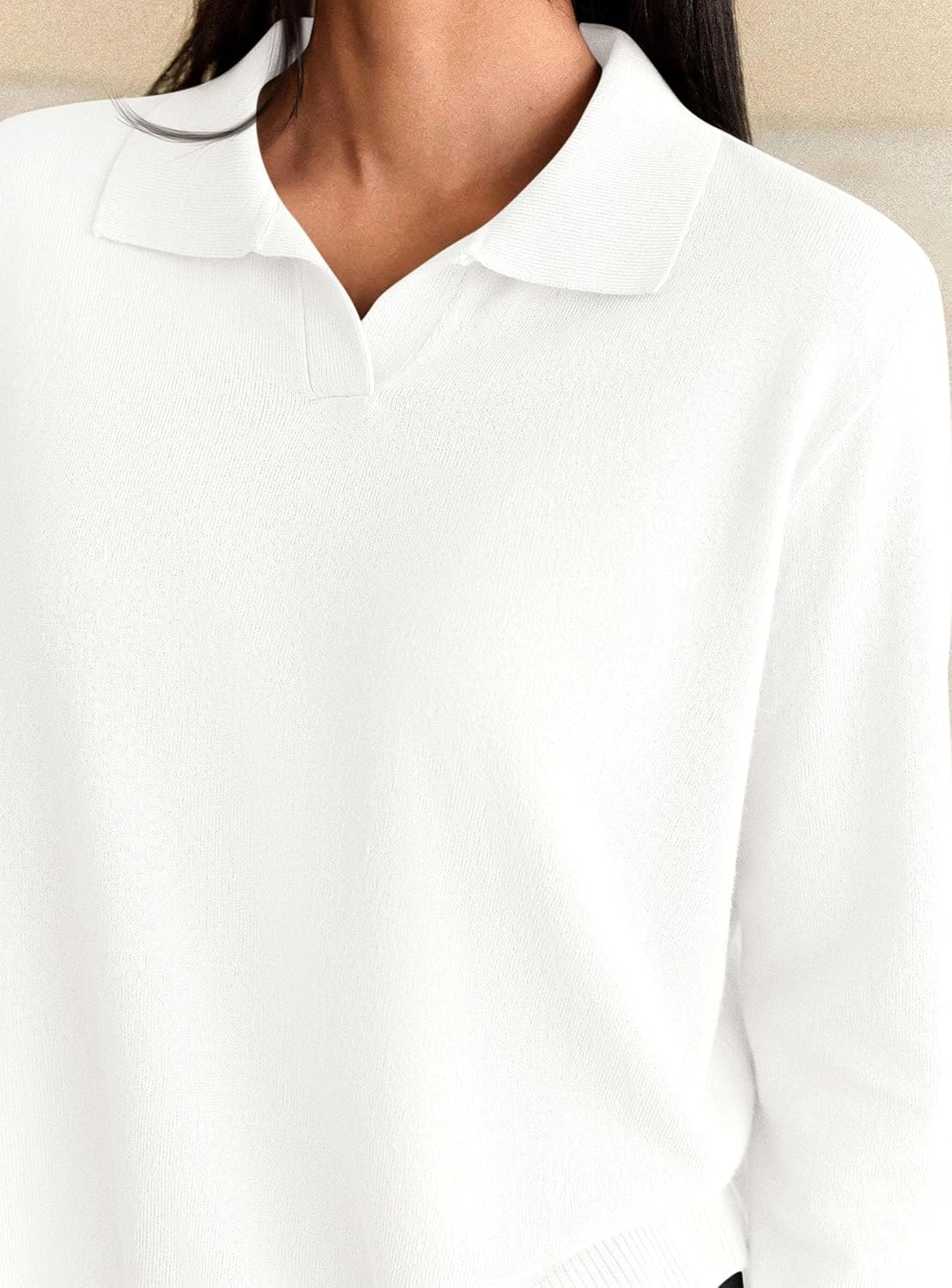 image:imagePRETTYGARDEN Womens Long Sleeve Collared Polo Sweater V Neck Knit Ribbed Business Casual Pullover Sweaters 2026 Fall OutfitsWhite