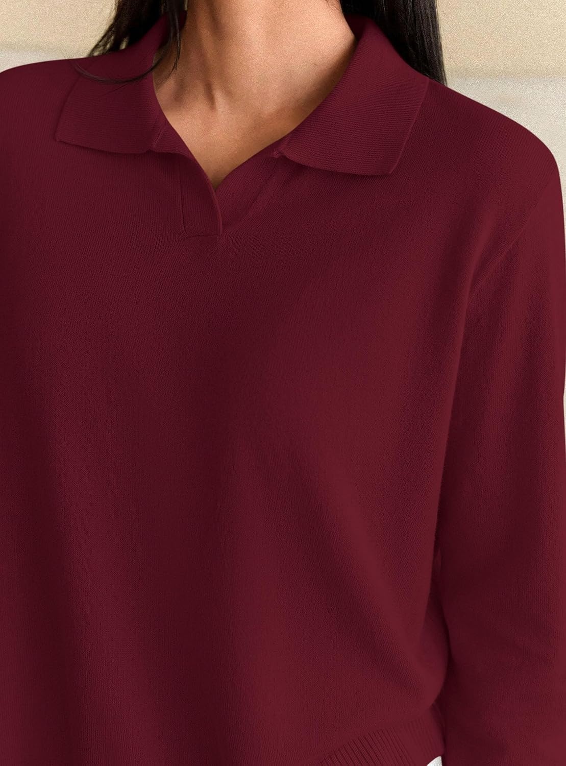 image:imagePRETTYGARDEN Womens Long Sleeve Collared Polo Sweater V Neck Knit Ribbed Business Casual Pullover Sweaters 2026 Fall OutfitsWine Red