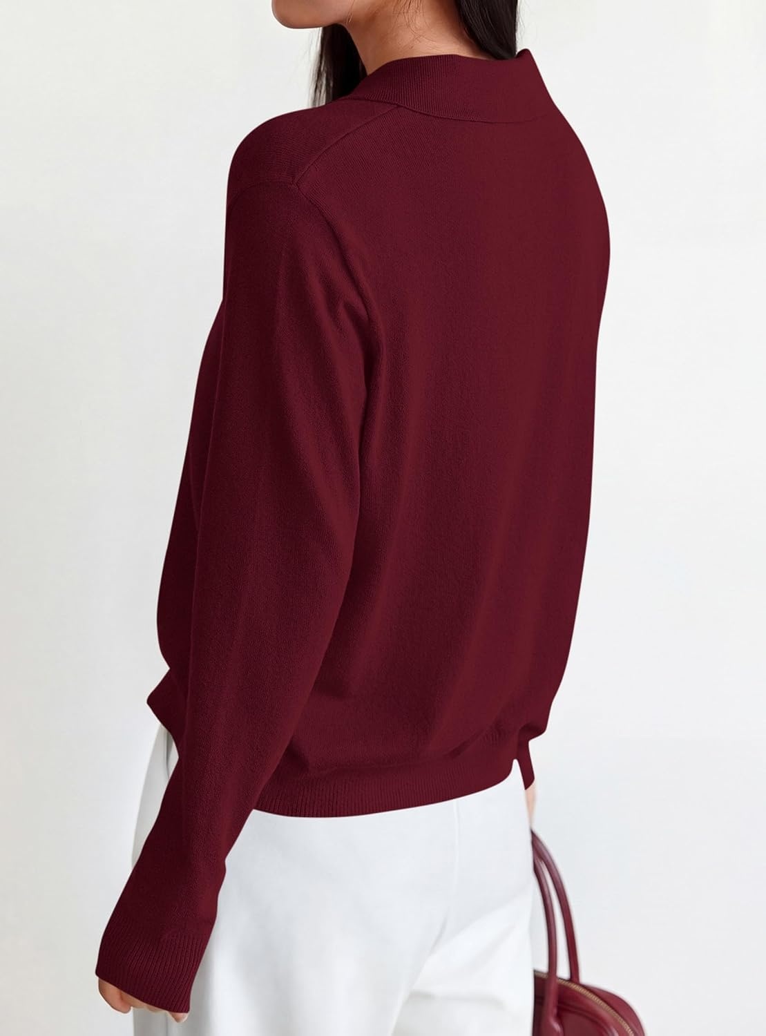 image:imagePRETTYGARDEN Womens Long Sleeve Collared Polo Sweater V Neck Knit Ribbed Business Casual Pullover Sweaters 2026 Fall OutfitsWine Red