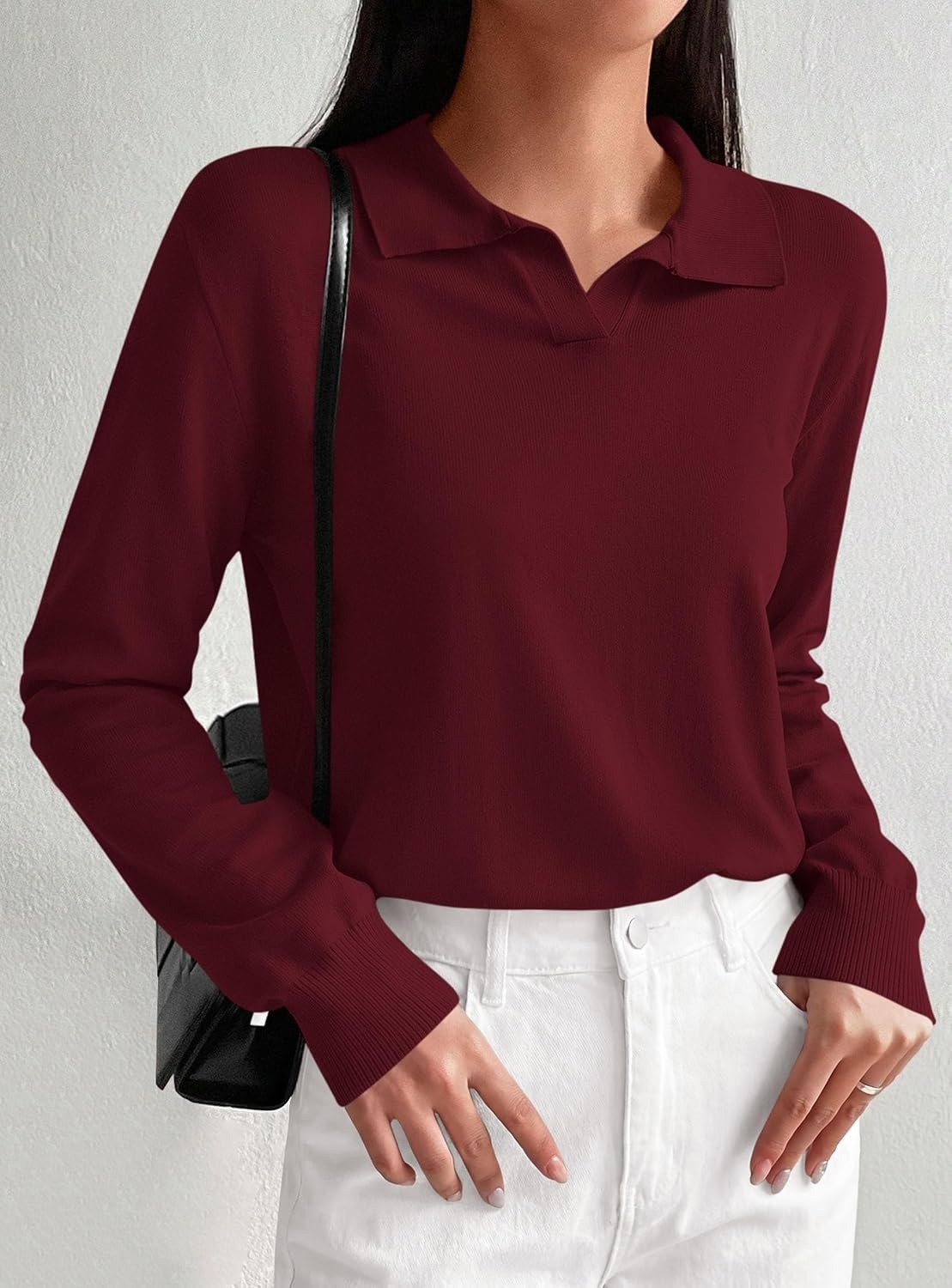 image:imagePRETTYGARDEN Womens Long Sleeve Collared Polo Sweater V Neck Knit Ribbed Business Casual Pullover Sweaters 2026 Fall OutfitsWine Red