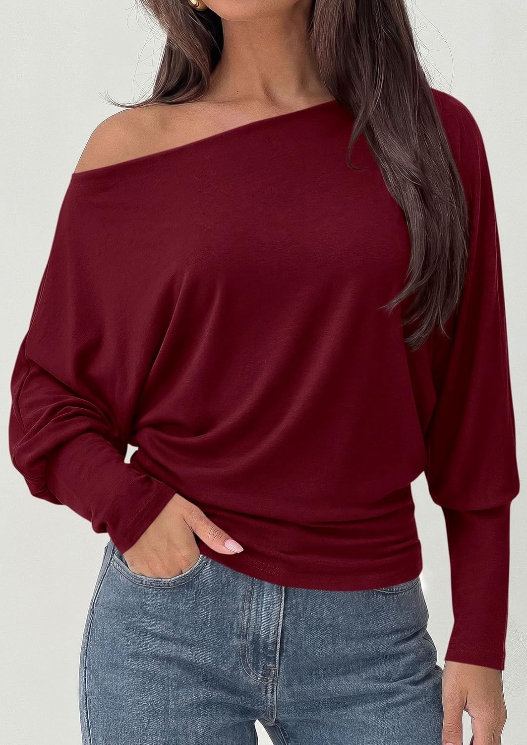 image:imagePRETTYGARDEN Womens Off Shoulder Batwing Long Sleeve Shirts Asymmetrical Off The Shoulder Cinched Waist Soft Dressy Casual Blouse Going Out Tops Transitional Fall amp Spring WearWine Red