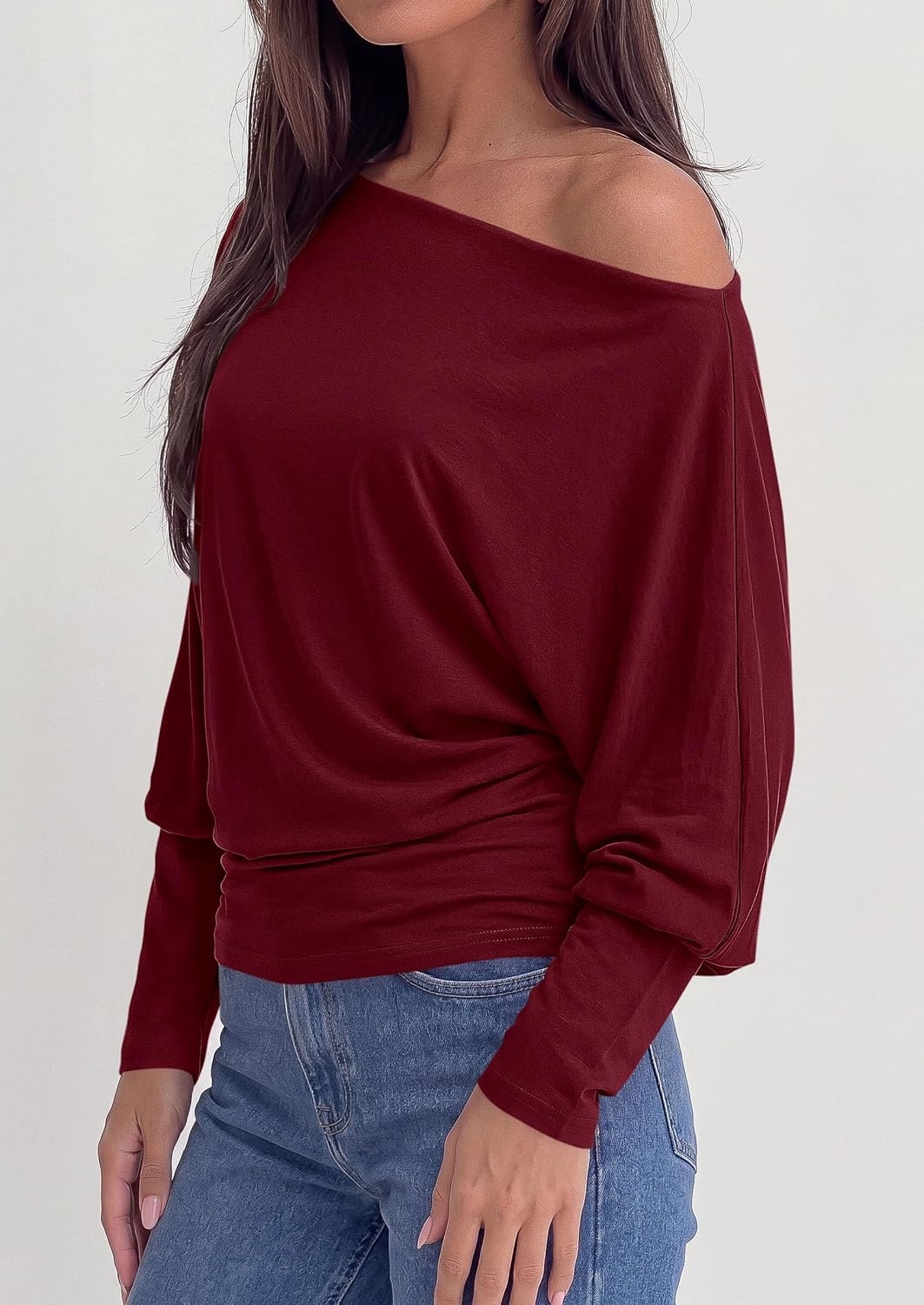 image:imagePRETTYGARDEN Womens Off Shoulder Batwing Long Sleeve Shirts Asymmetrical Off The Shoulder Cinched Waist Soft Dressy Casual Blouse Going Out Tops Transitional Fall amp Spring WearWine Red