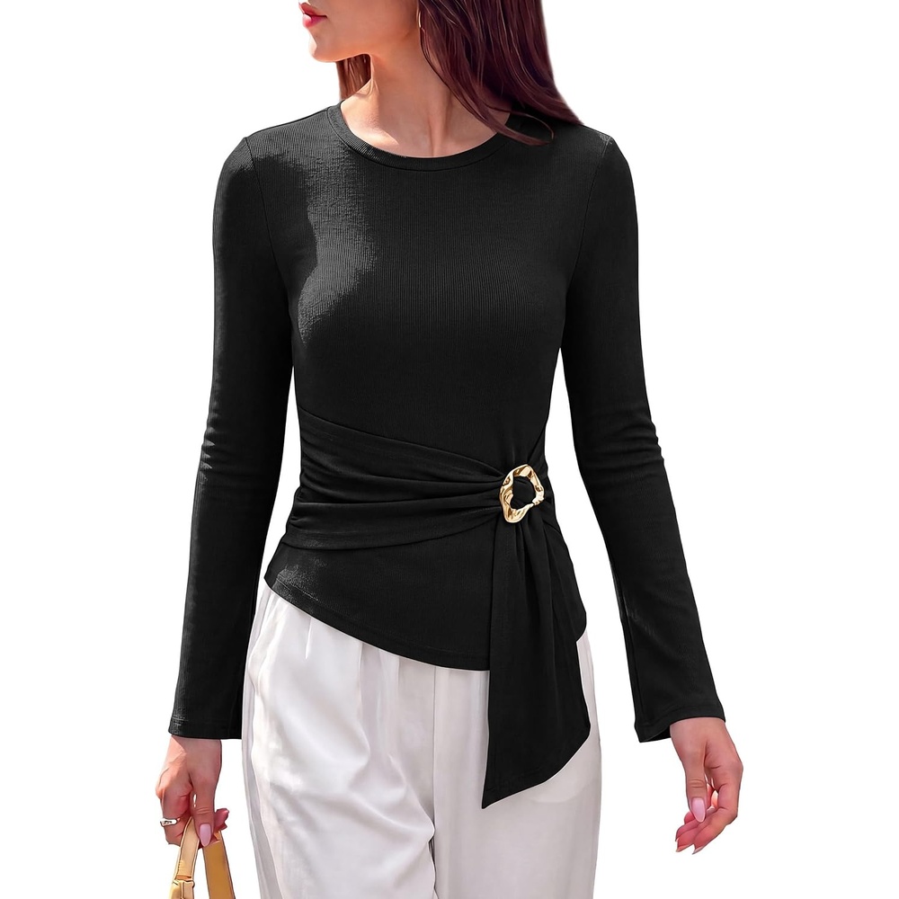 image:imagePRETTYGARDEN Long Sleeve Shirts for Women Asymmetricall Tops Dressy Casual Blouses Slim Fit Waist Tie Ruched Top Soft Stretchy Going Out Work Office Outfit 2026 Fall Fashion ClothesBlack