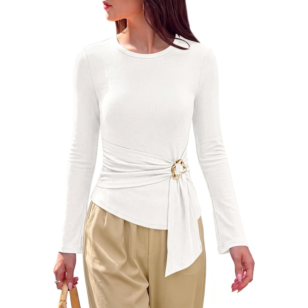 image:imagePRETTYGARDEN Long Sleeve Shirts for Women Asymmetricall Tops Dressy Casual Blouses Slim Fit Waist Tie Ruched Top Soft Stretchy Going Out Work Office Outfit 2026 Fall Fashion ClothesWhite