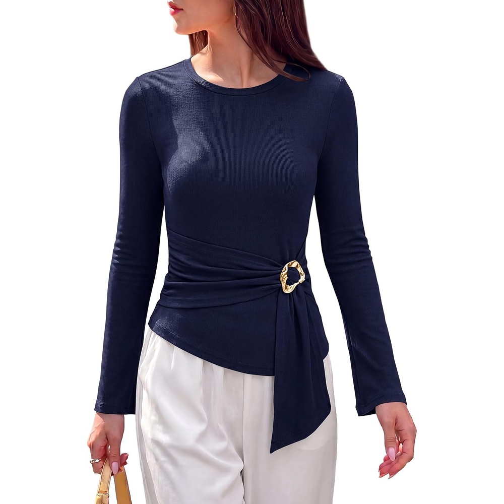 image:imagePRETTYGARDEN Long Sleeve Shirts for Women Asymmetricall Tops Dressy Casual Blouses Slim Fit Waist Tie Ruched Top Soft Stretchy Going Out Work Office Outfit 2026 Fall Fashion ClothesNavy Blue