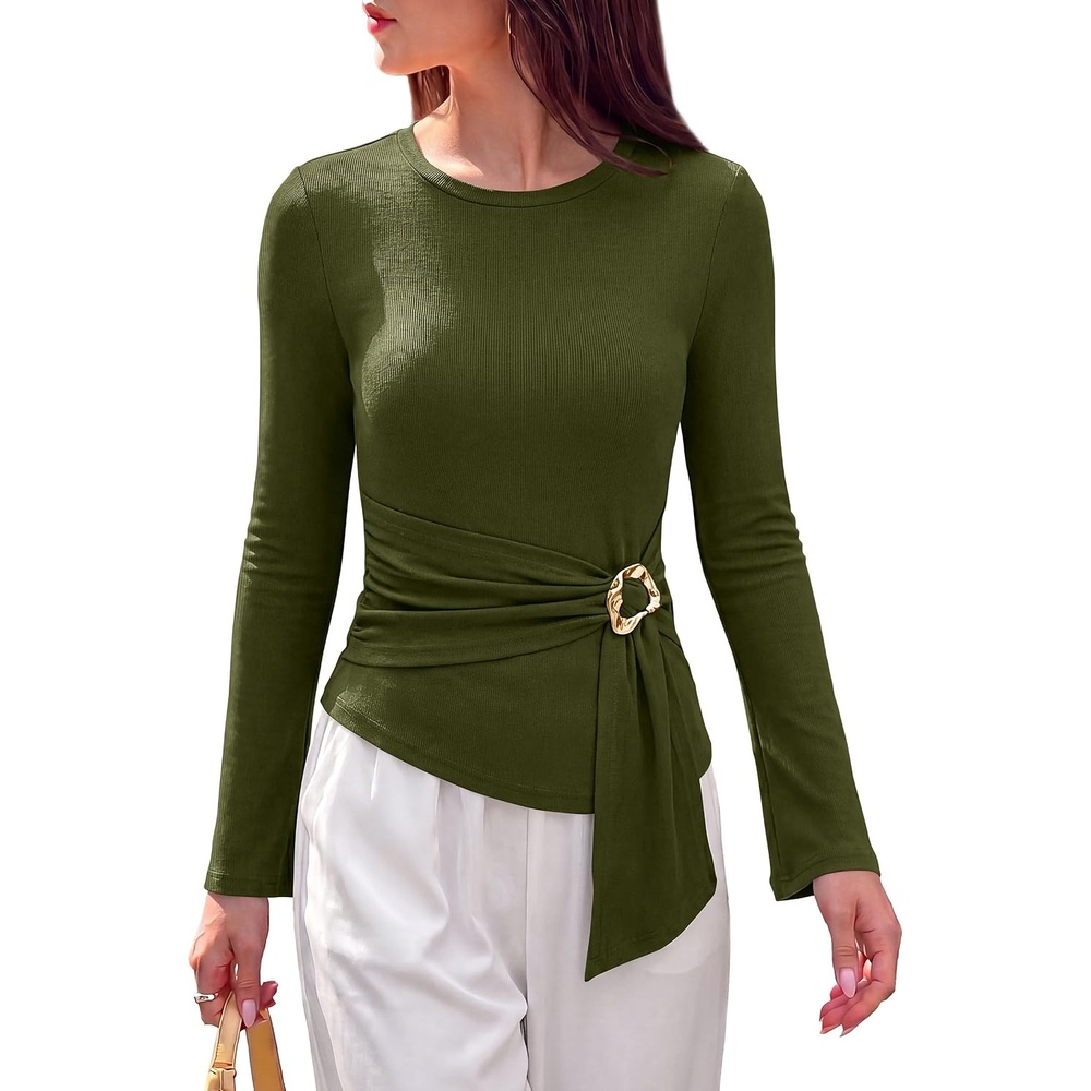 image:imagePRETTYGARDEN Long Sleeve Shirts for Women Asymmetricall Tops Dressy Casual Blouses Slim Fit Waist Tie Ruched Top Soft Stretchy Going Out Work Office Outfit 2026 Fall Fashion ClothesArmy Green