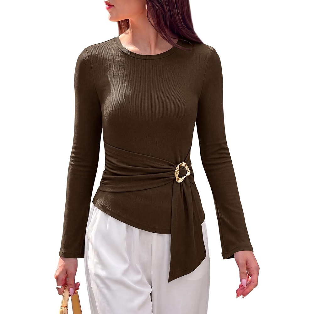 image:imagePRETTYGARDEN Long Sleeve Shirts for Women Asymmetricall Tops Dressy Casual Blouses Slim Fit Waist Tie Ruched Top Soft Stretchy Going Out Work Office Outfit 2026 Fall Fashion ClothesBrown