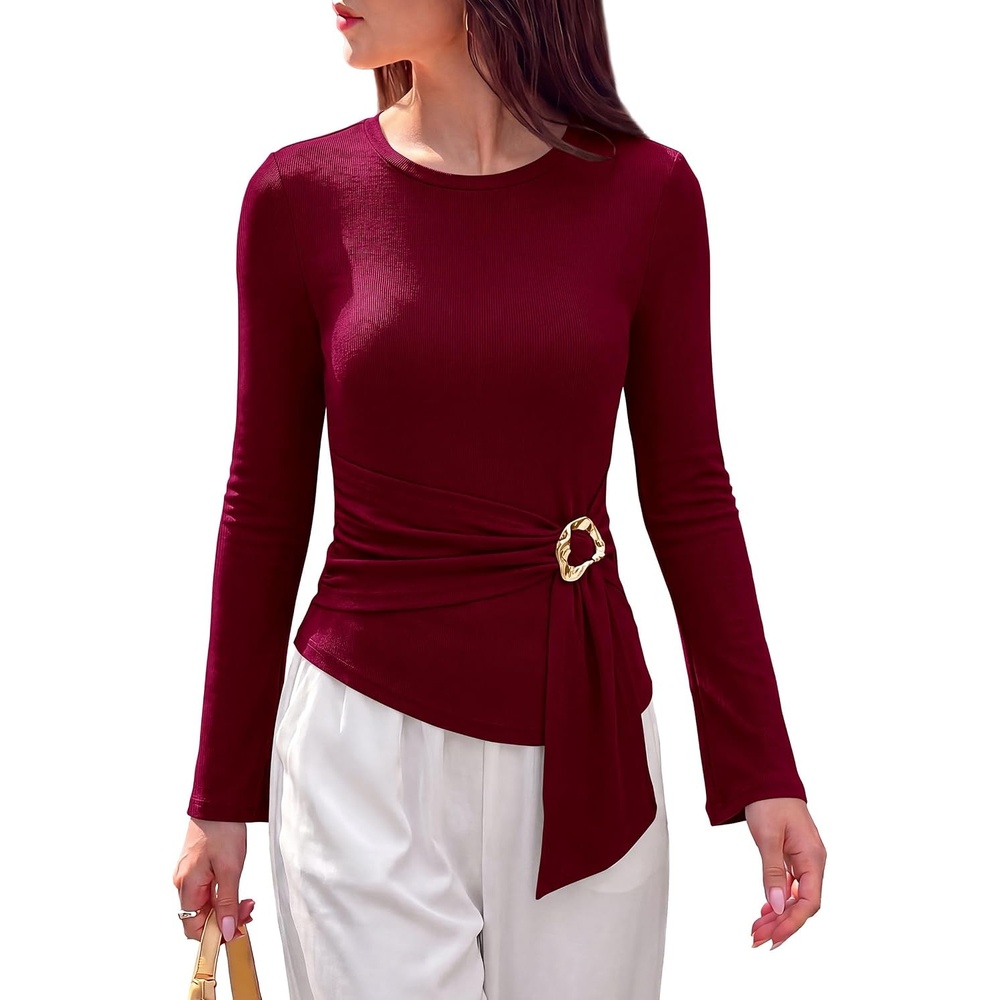 image:imagePRETTYGARDEN Long Sleeve Shirts for Women Asymmetricall Tops Dressy Casual Blouses Slim Fit Waist Tie Ruched Top Soft Stretchy Going Out Work Office Outfit 2026 Fall Fashion ClothesBurgundy