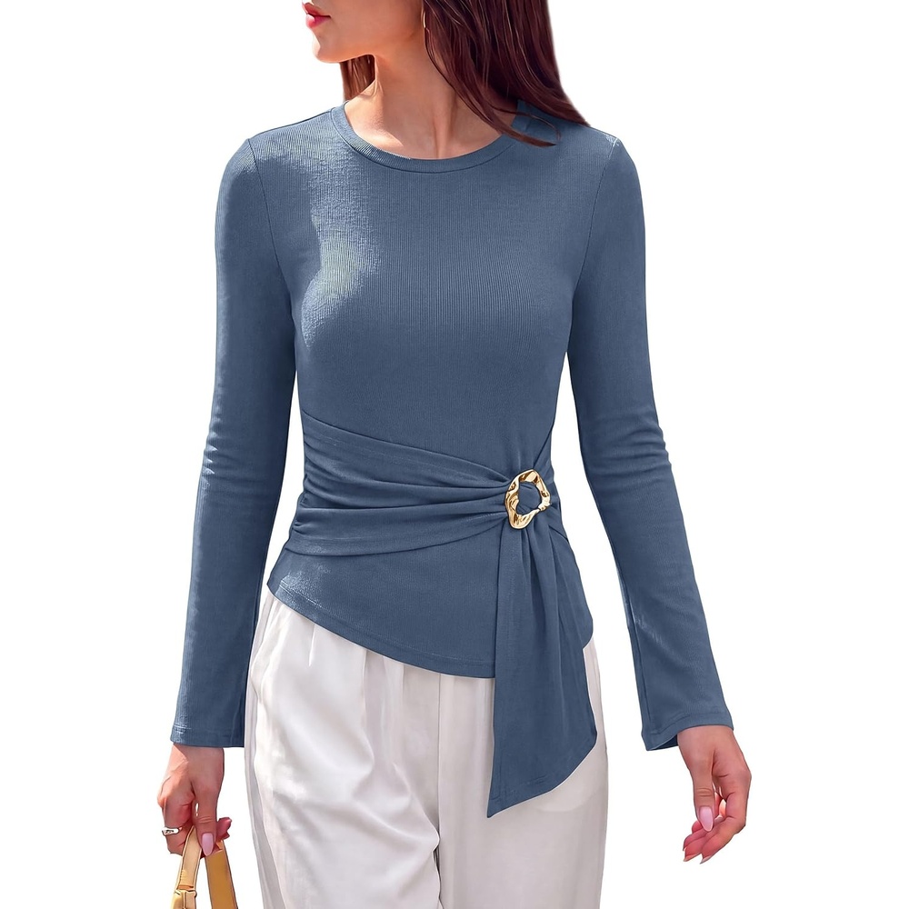 image:imagePRETTYGARDEN Long Sleeve Shirts for Women Asymmetricall Tops Dressy Casual Blouses Slim Fit Waist Tie Ruched Top Soft Stretchy Going Out Work Office Outfit 2026 Fall Fashion ClothesGrey Blue