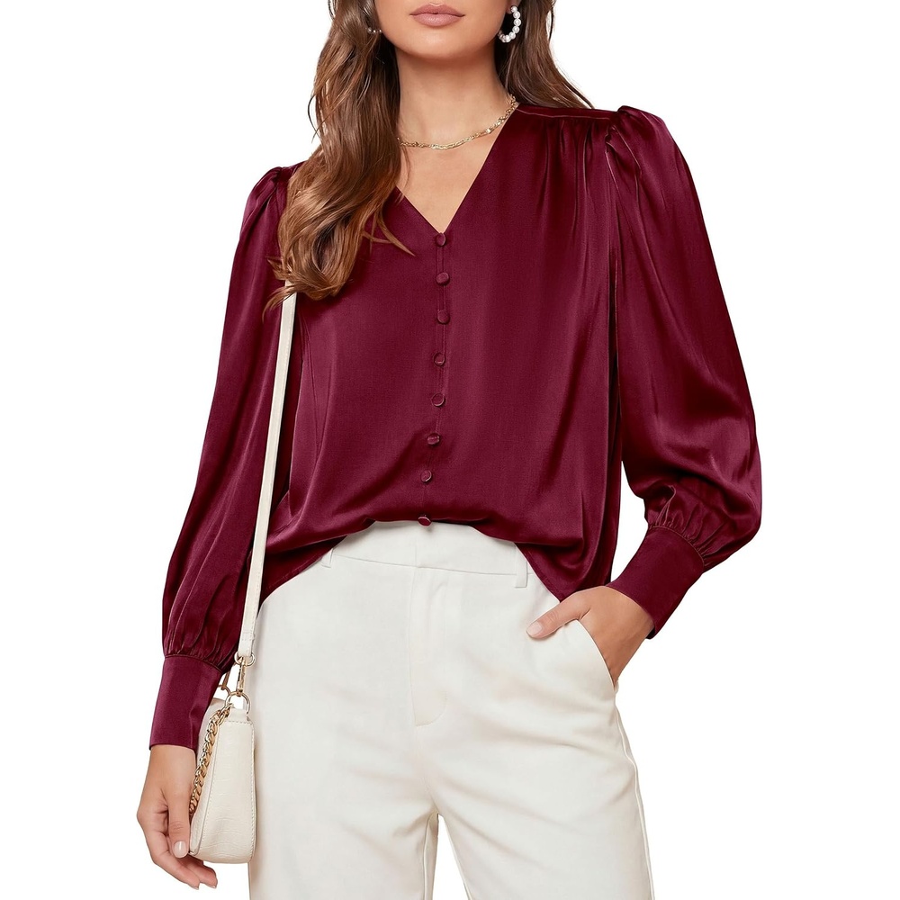 image:imagePRETTYGARDEN Satin Long Sleeve Womens Blouses Dressy Casual Glossy Smooth Silk FabricLantern Sleeve Fall TopsDecorative Button PulloverV Neck ShirtsOffice Work Business OutfitsWine Red