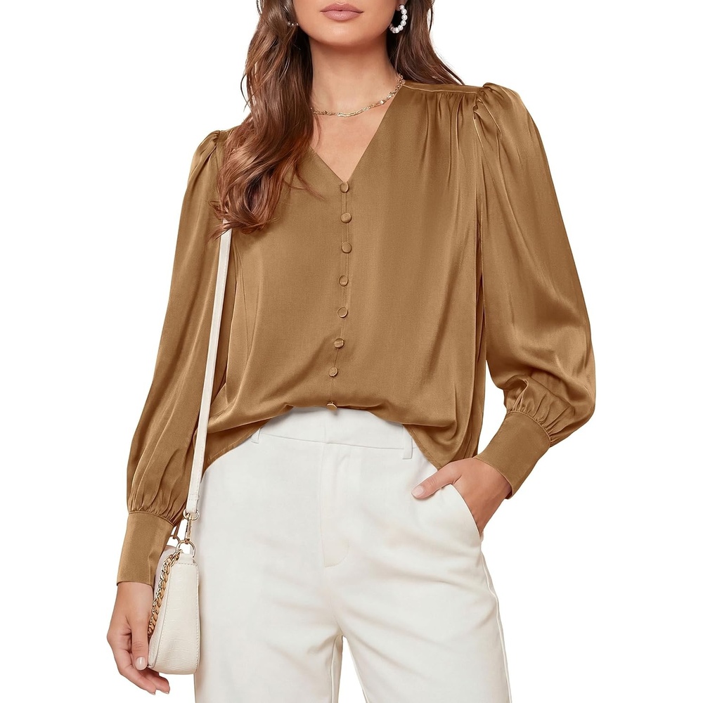 image:imagePRETTYGARDEN Satin Long Sleeve Womens Blouses Dressy Casual Glossy Smooth Silk FabricLantern Sleeve Fall TopsDecorative Button PulloverV Neck ShirtsOffice Work Business OutfitsKhaki