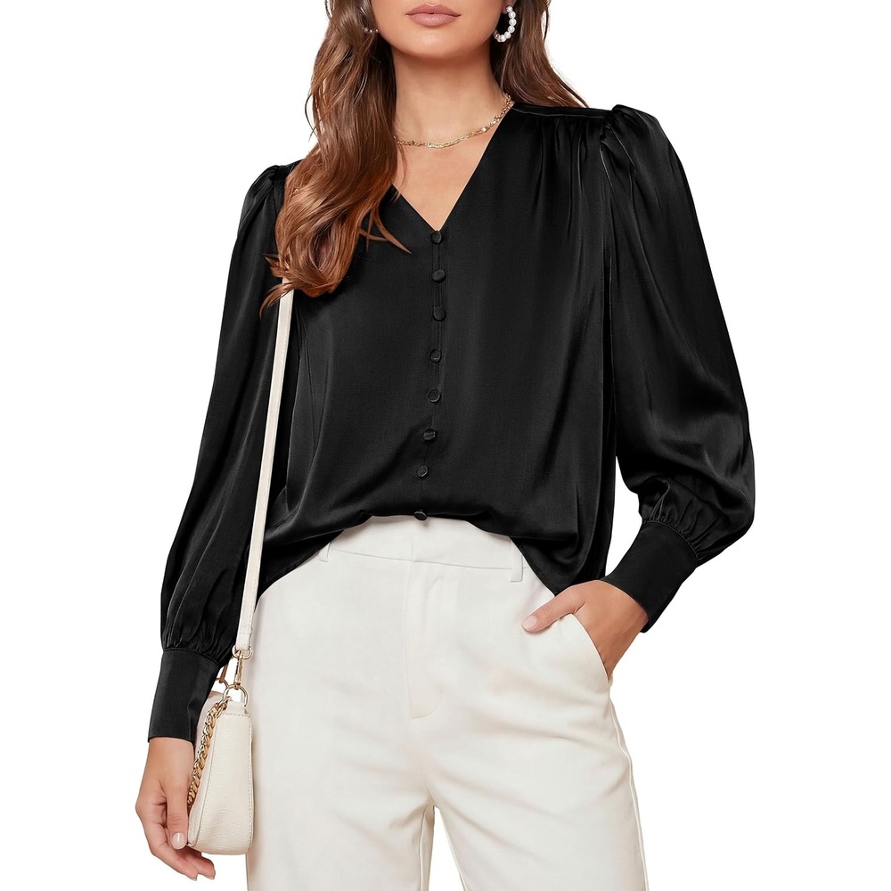 image:imagePRETTYGARDEN Satin Long Sleeve Womens Blouses Dressy Casual Glossy Smooth Silk FabricLantern Sleeve Fall TopsDecorative Button PulloverV Neck ShirtsOffice Work Business OutfitsBlack