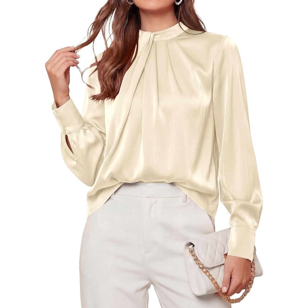 image:imagePRETTYGARDEN Satin Tops for Women Mock Neck Pleated Long Sleeve Shirts Wrinkle Resistant Silky BlousesDressy Casual Fall ClothesVersatile Business Casual OufitsFashion ClothingBeige