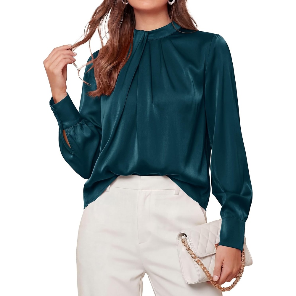 image:imagePRETTYGARDEN Satin Tops for Women Mock Neck Pleated Long Sleeve Shirts  Wrinkle Resistant Silky BlousesDressy Casual Fall ClothesVersatile Business Casual OufitsFashion ClothingDark Cyan