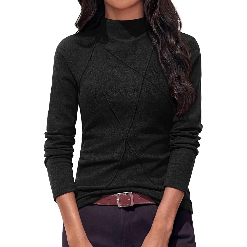image:imagePRETTYGARDEN Womens Fall Mock Neck Long Sleeve Shirts Soft Stretchy KnitGeometric Seam StitchingSlim Fitted Basic TeesThermal Casual WearDaily Work Layering Winter Tunic TopBlack