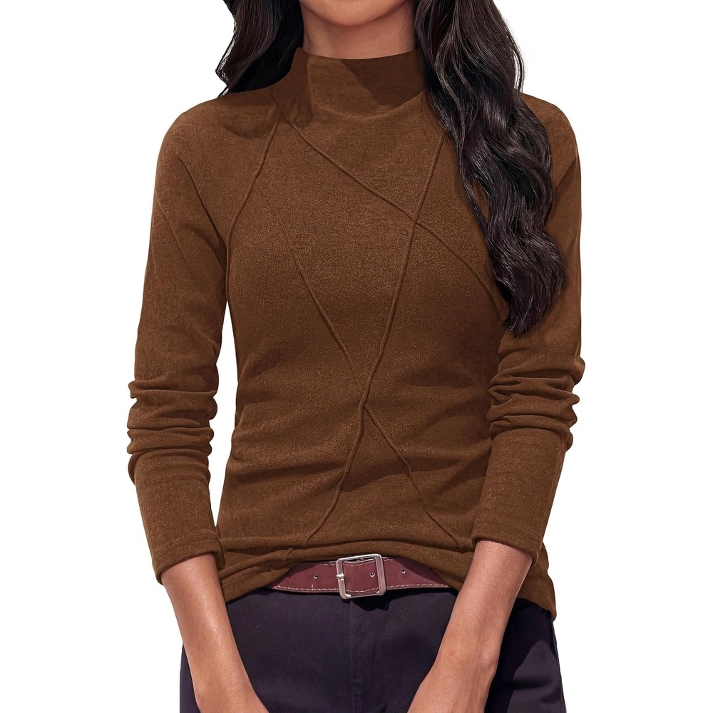 image:imagePRETTYGARDEN Womens Fall Mock Neck Long Sleeve Shirts Soft Stretchy KnitGeometric Seam StitchingSlim Fitted Basic TeesThermal Casual WearDaily Work Layering Winter Tunic TopBrown