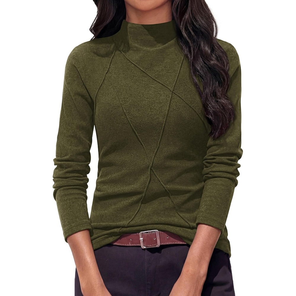 image:imagePRETTYGARDEN Womens Fall Mock Neck Long Sleeve Shirts Soft Stretchy KnitGeometric Seam StitchingSlim Fitted Basic TeesThermal Casual WearDaily Work Layering Winter Tunic TopArmy Green